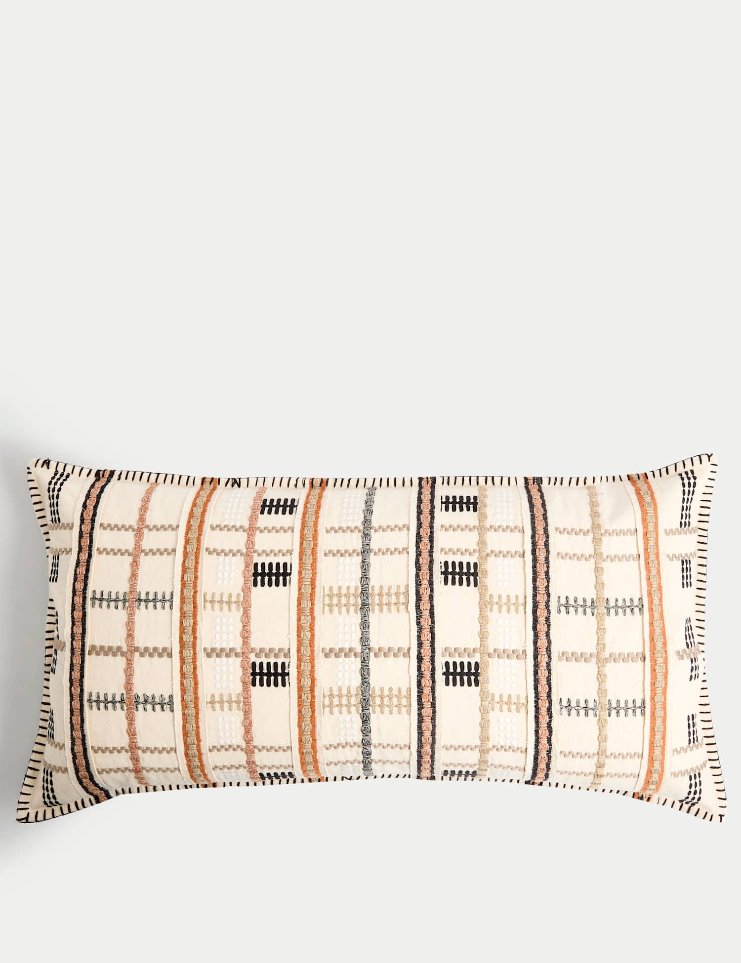 M&S Pure Cotton Grid Embroidered Bolster Cushion Neutral