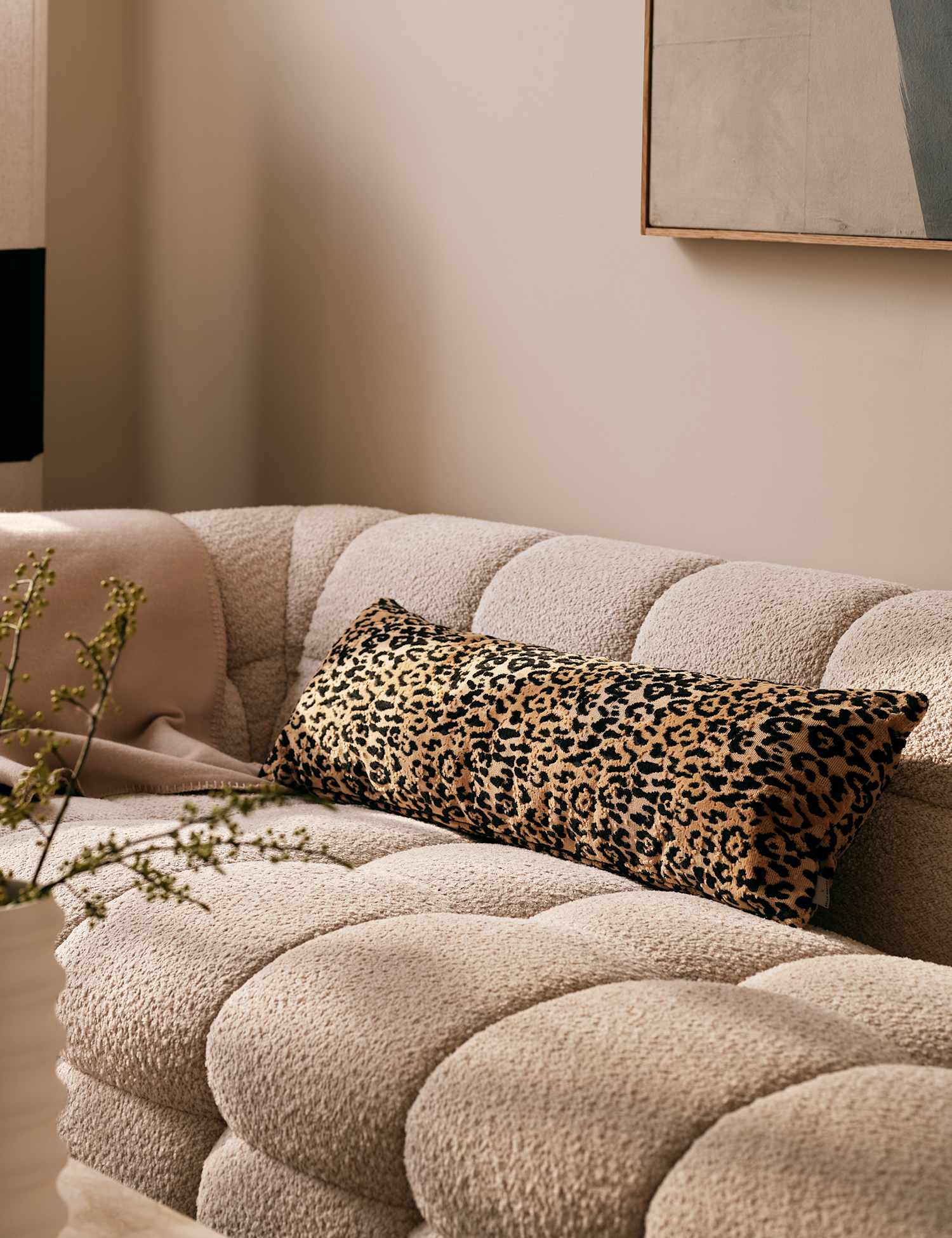 M&S X Kelly Hoppen Chenille Leopard Print Long Bolster Cushion Brown Mix