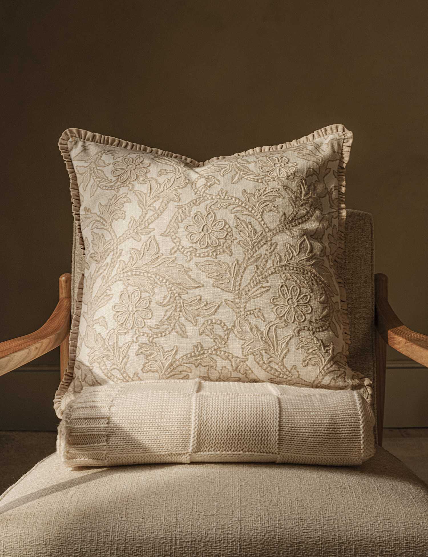 M&S Pure Cotton Floral Embroidered Cushion Natural Mix