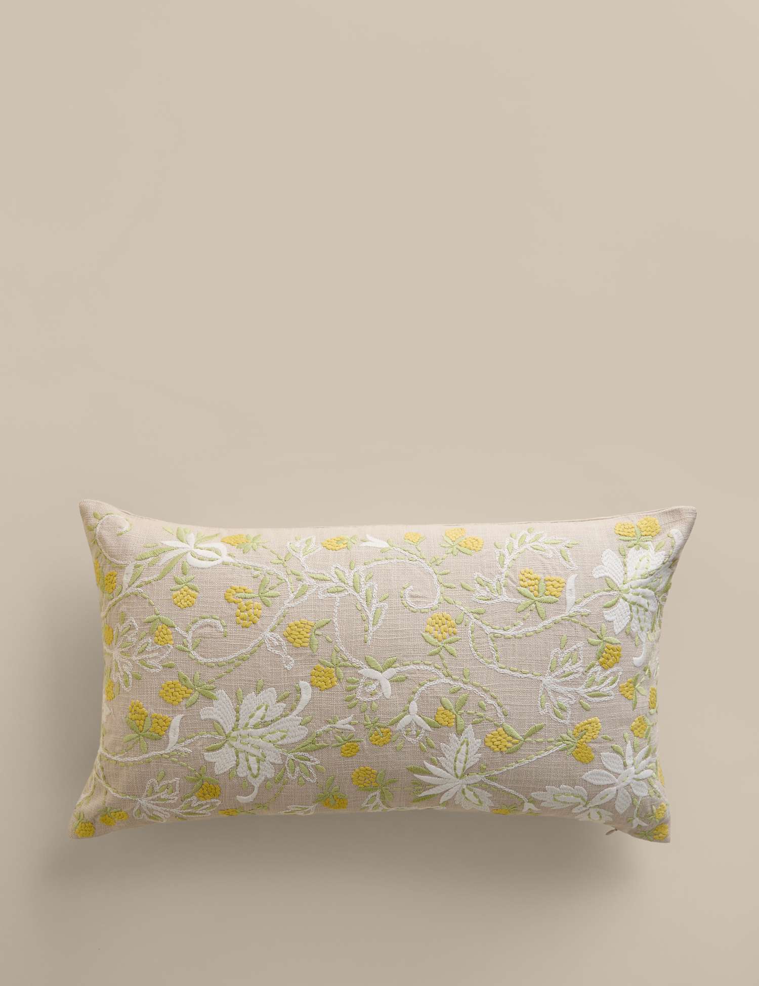 M&S Pure Cotton Floral Embroidered Bolster Cushion Natural Mix