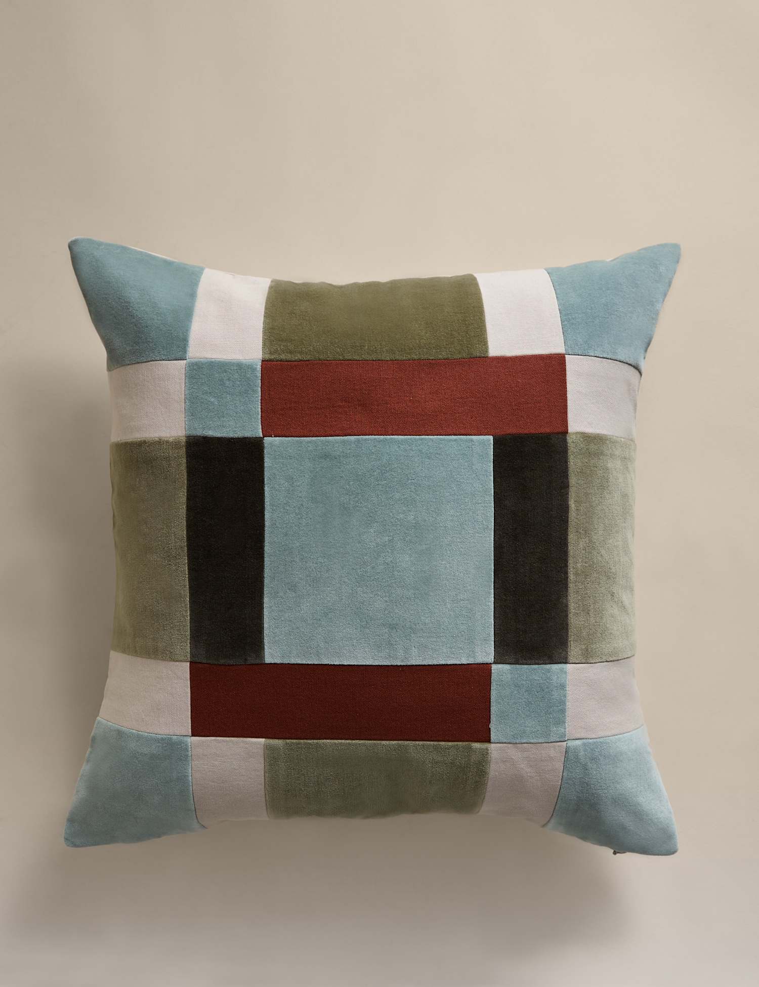 M&S Pure Cotton Velvet Patchwork Cushion Cover Green Mix