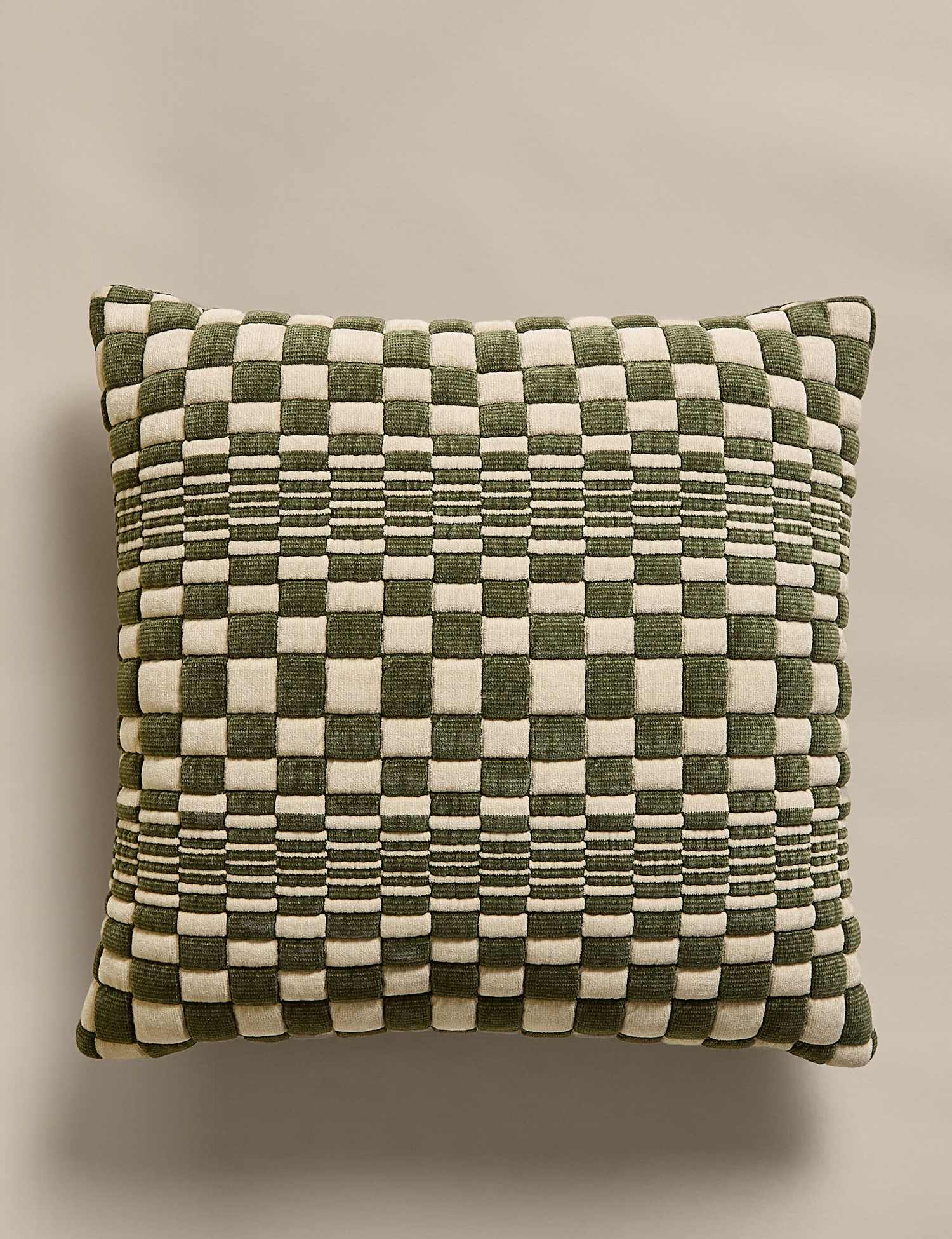 M&S Chenille Checked Quilted Cushion Green Mix