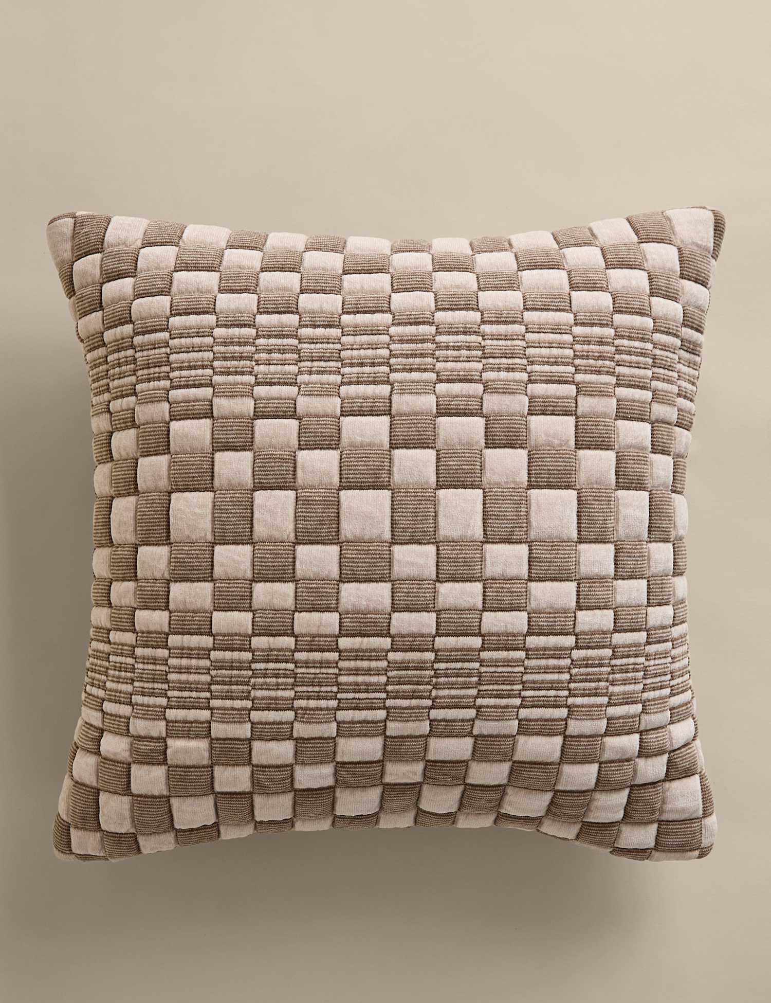 M&S Chenille Checked Quilted Cushion Natural Mix