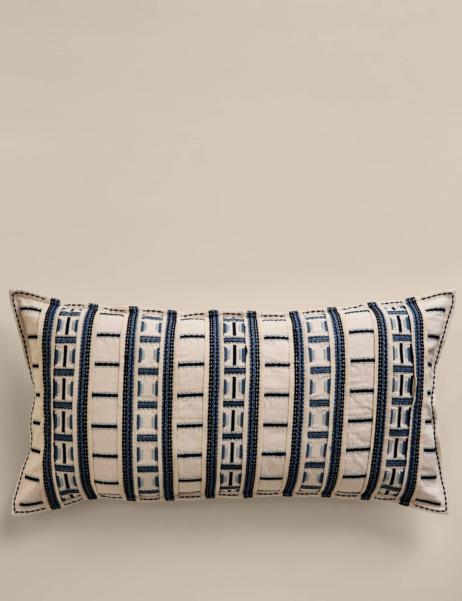 M&S Pure Cotton Embroidered Grid Bolster Cushion Blue Mix