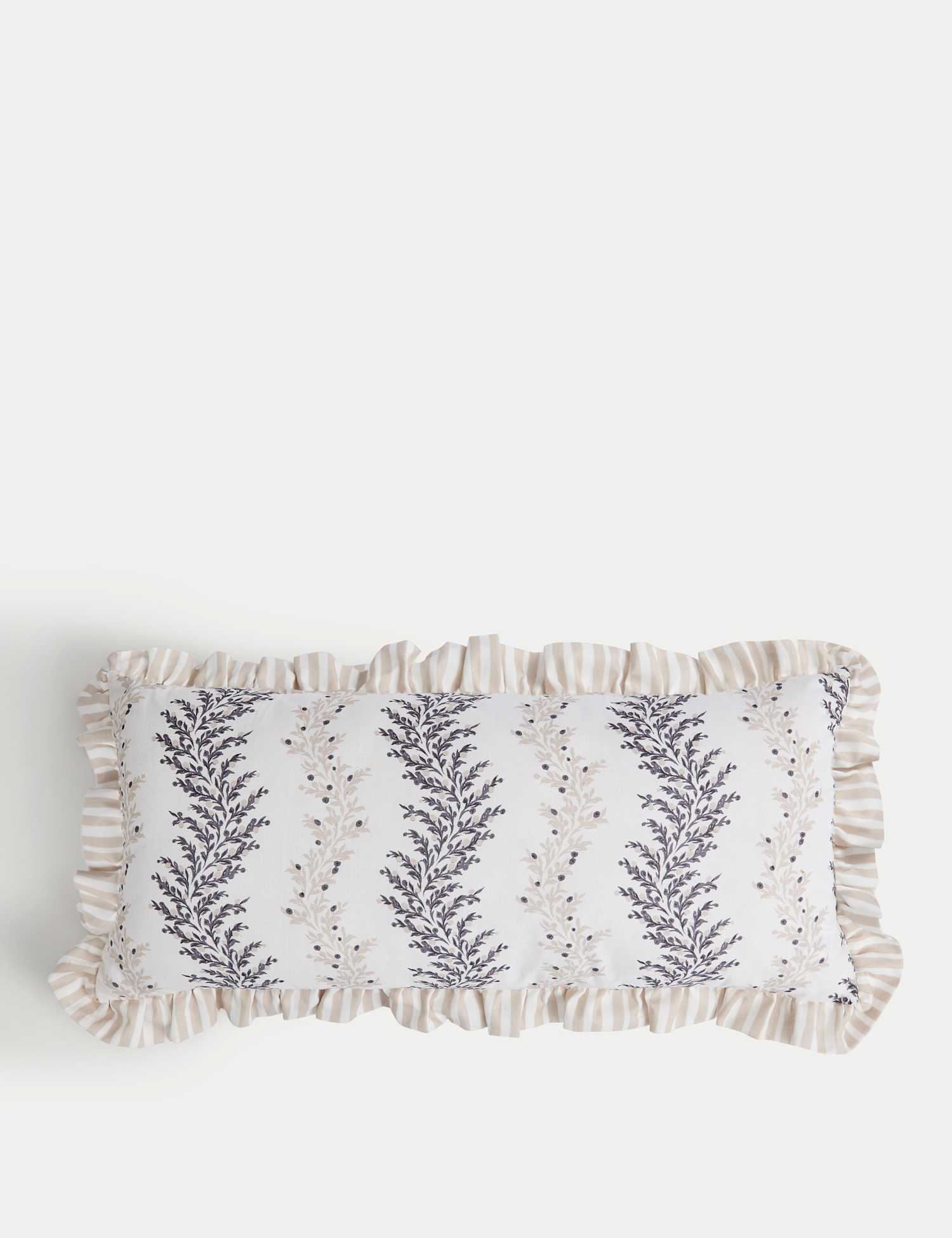 M&S Cotton with Linen Leaf & Striped Bolster Cushion Neutral