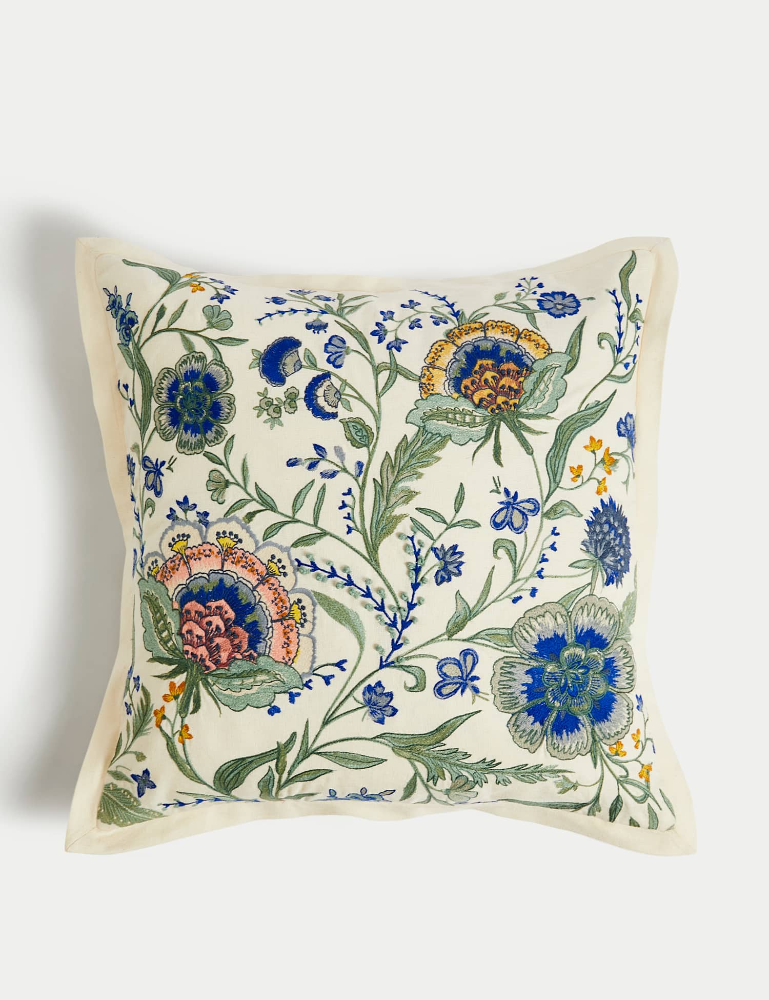M&S Cotton with Linen Embroidered Cushion Green Mix