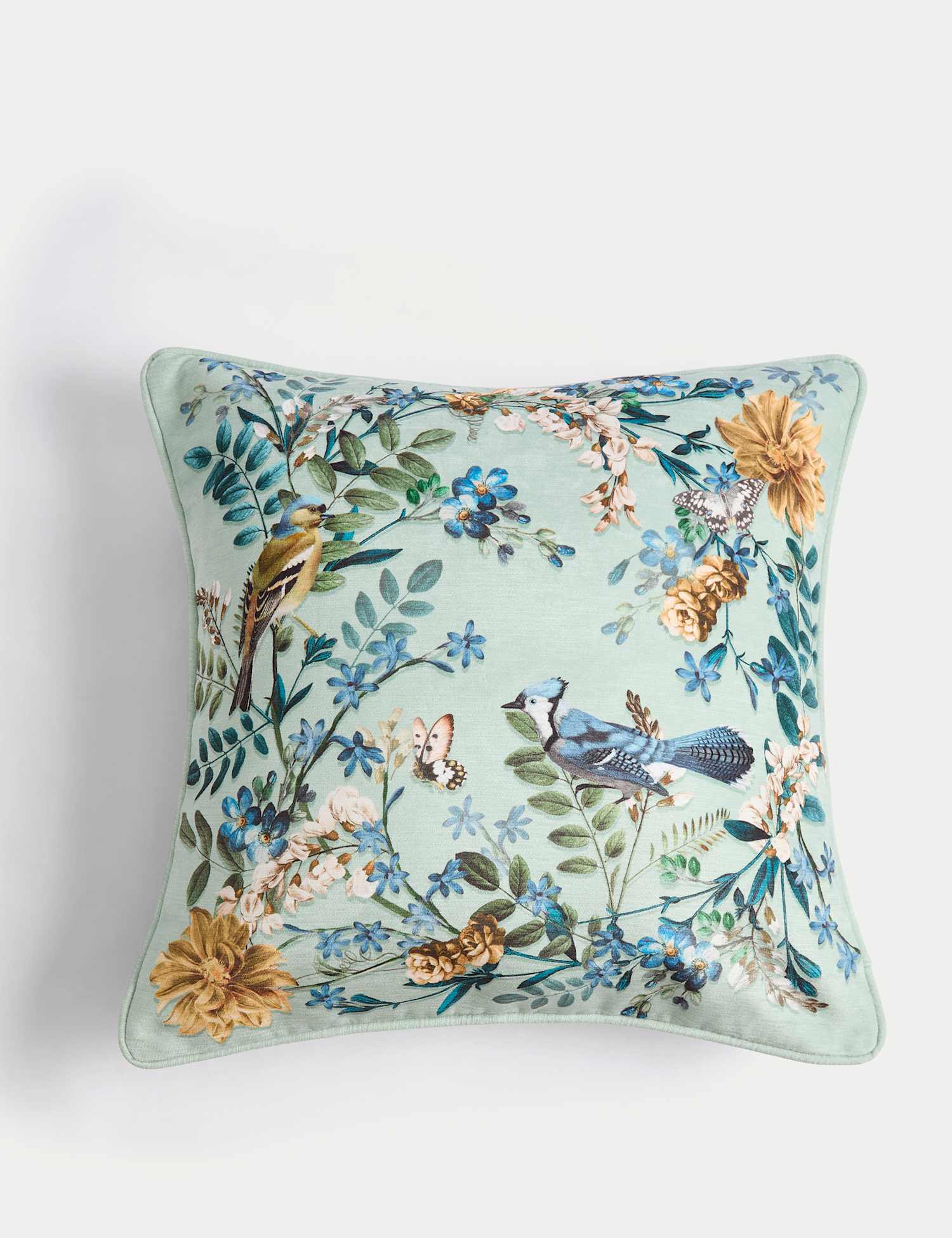 M&S Chenille Bird Print Cushion Green