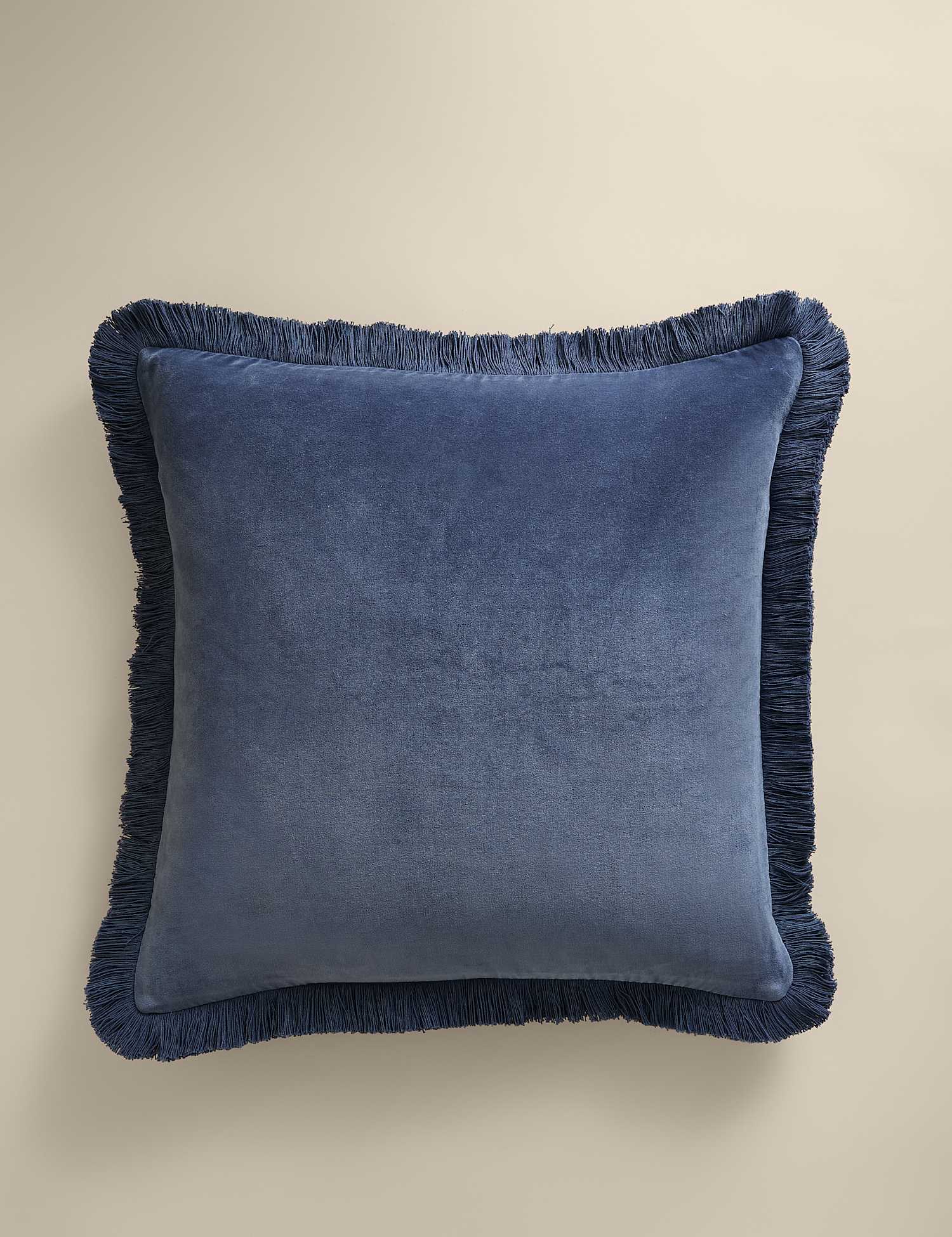 M&S Pure Cotton Velvet Fringed Cushion Slate Blue