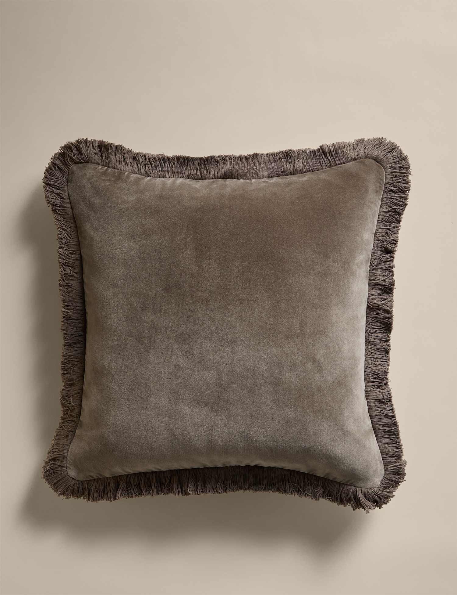 M&S Pure Cotton Velvet Fringed Cushion Khaki