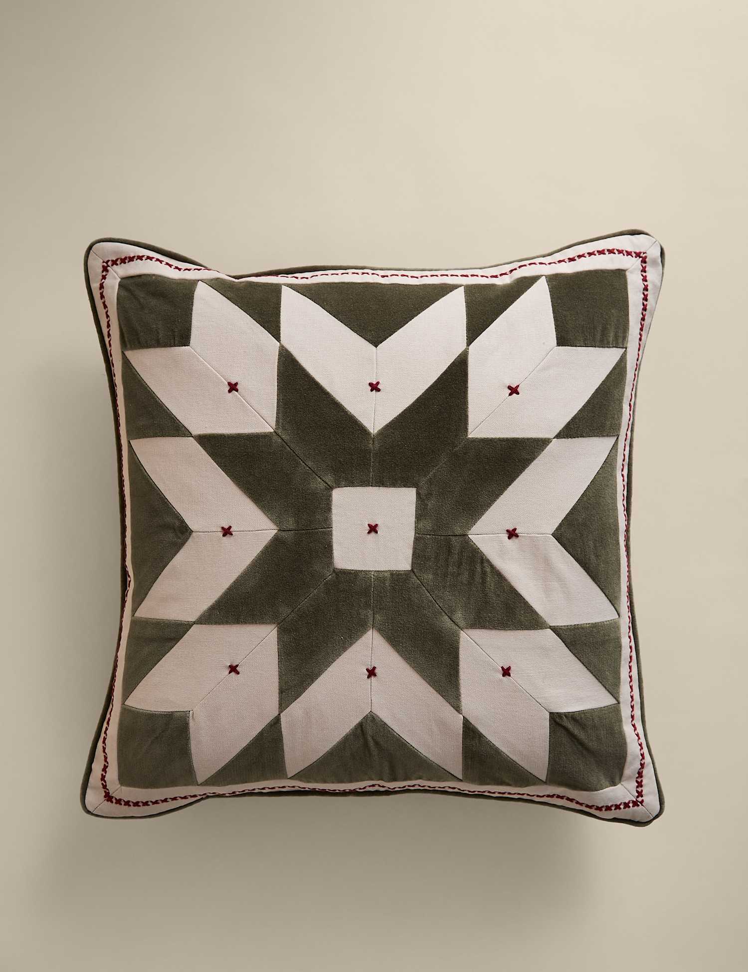 M&S Christmas Geometric Patchwork Cushion Green Mix
