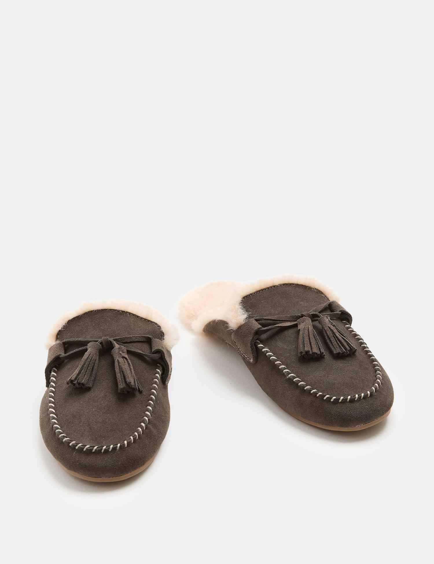 M&S Suede Faux Fur Lined Backless Mocassin Slippers Grey