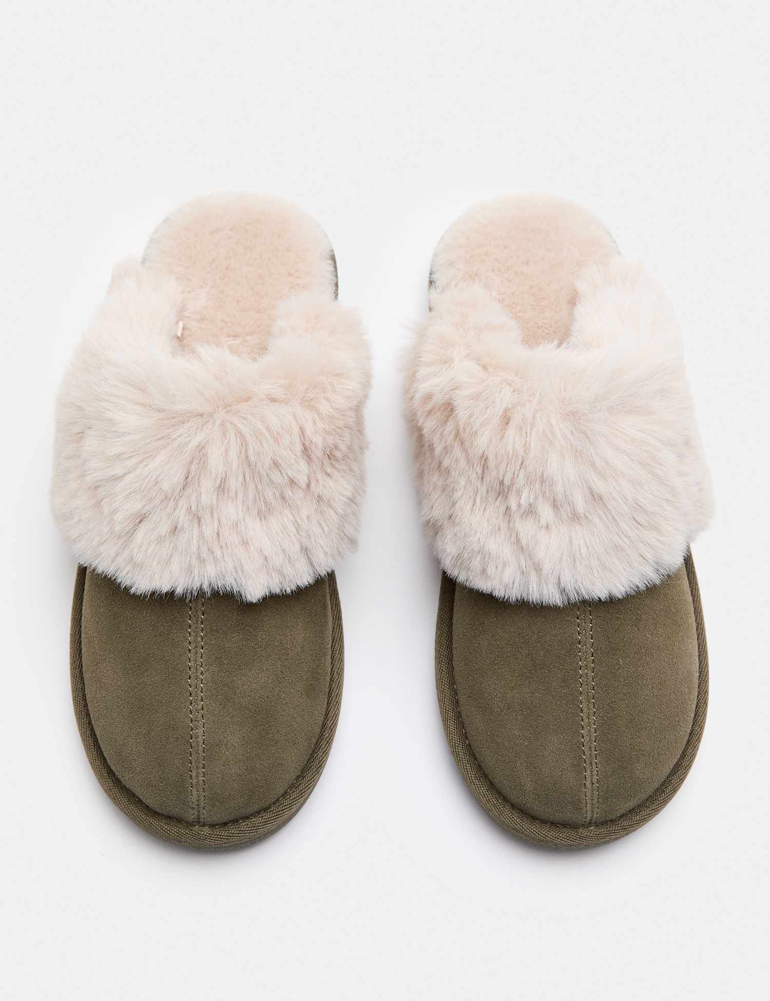 M&S Suede Faux Fur Trim Mule Slippers Olive