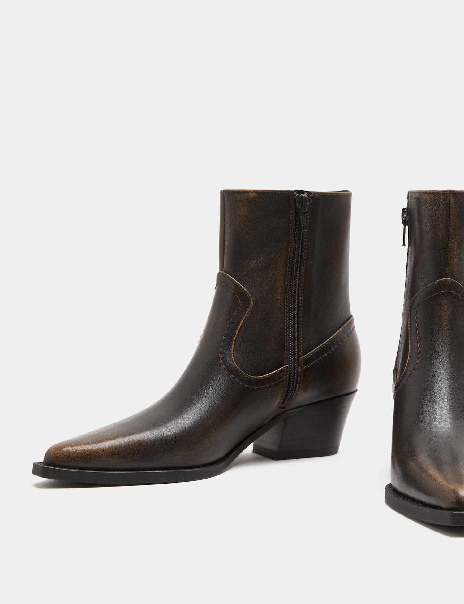 M&S Leather Cowboy Block Heel Pointed Toe Boots Brown