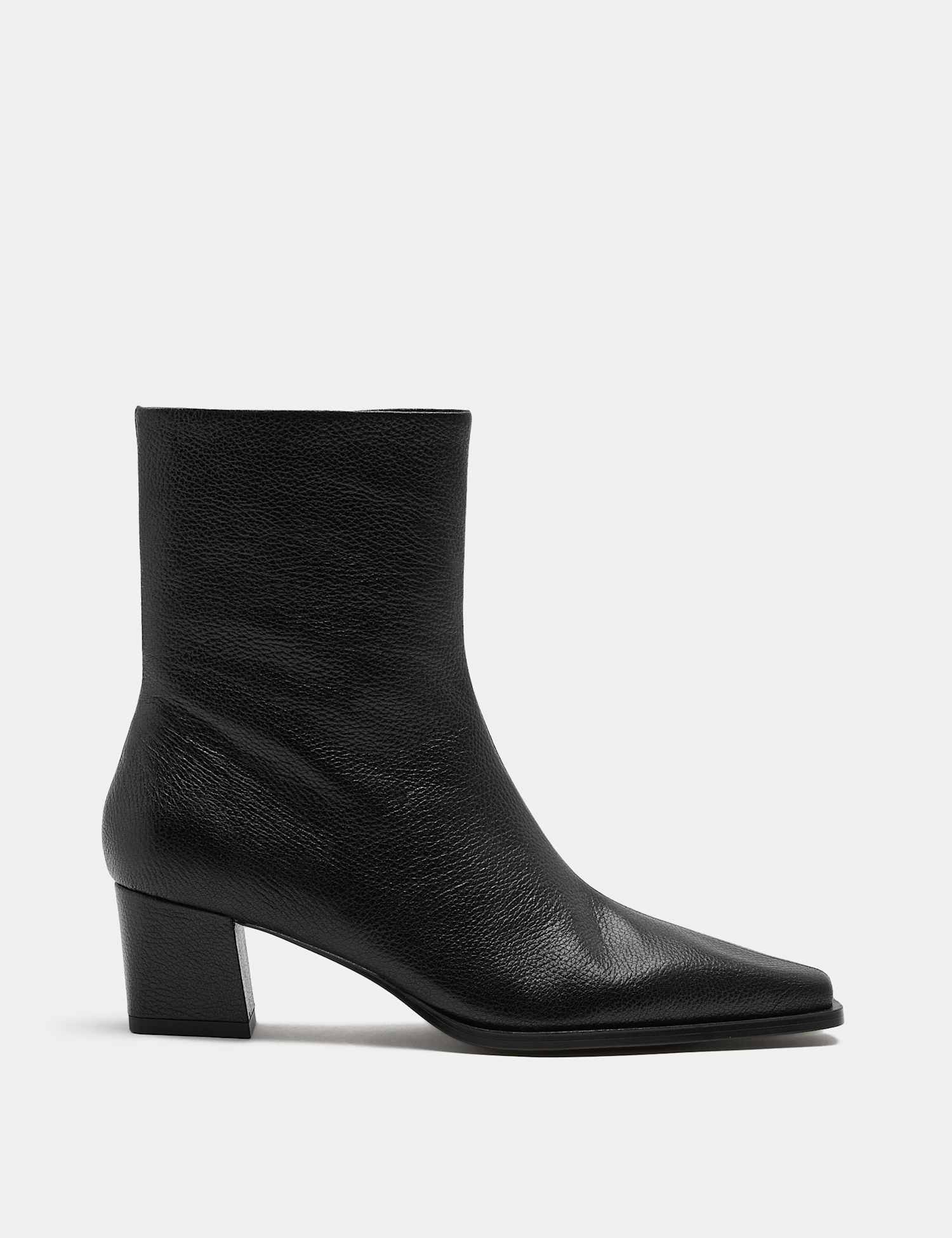 M&S Leather Block Heel Chisel Toe Ankle Boots Black