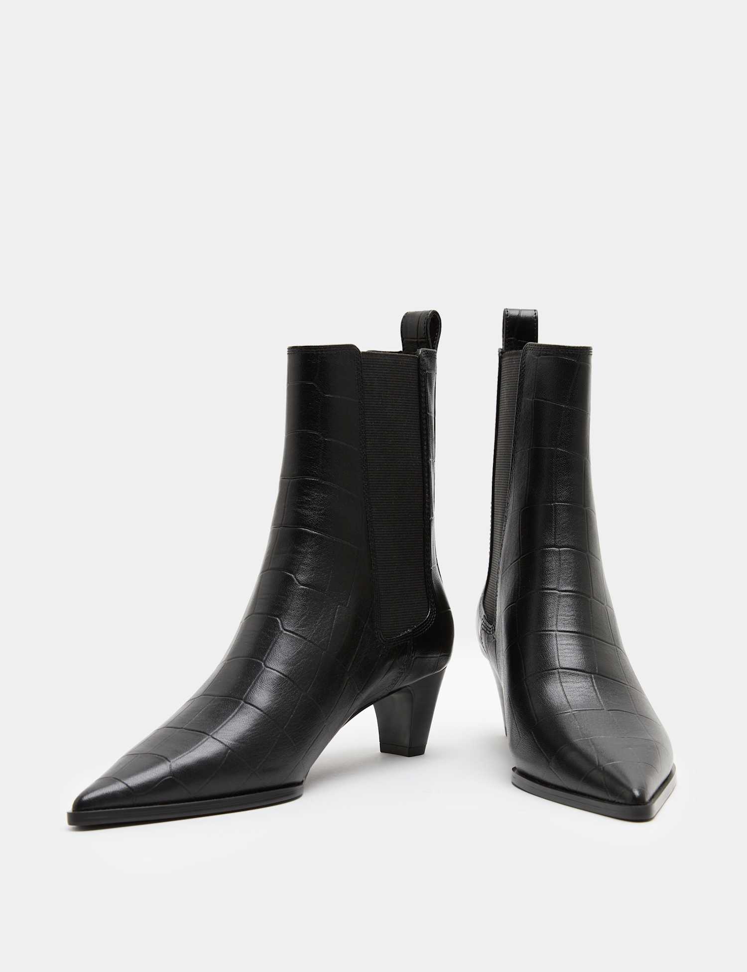 M&S Leather Croc Chelsea Block Heel Ankle Boots Black