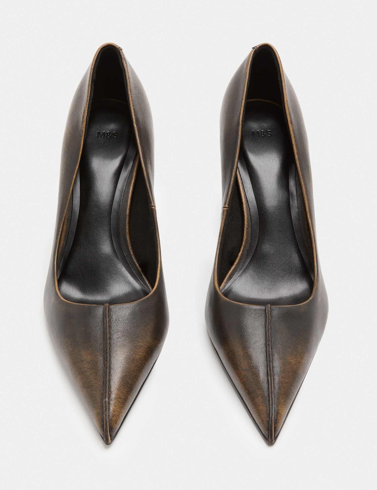 M&S Leather Stiletto Heel Pointed Toe Court Shoes Brown
