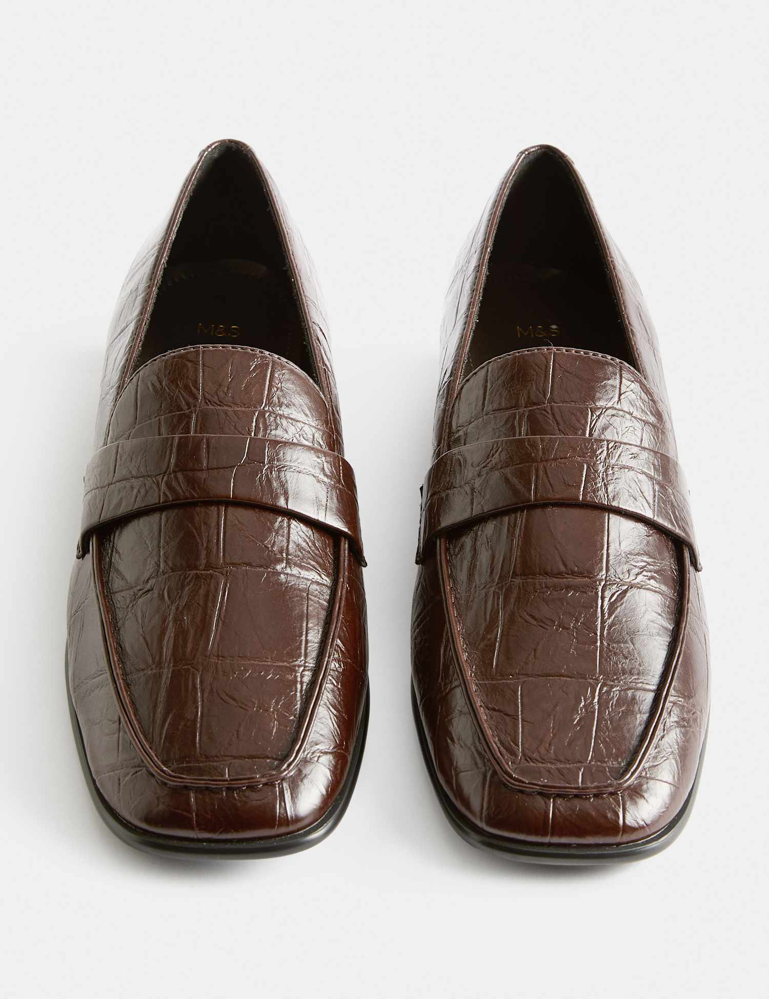M&S Croc Slip On Block Heel Square Toe Loafers Wine