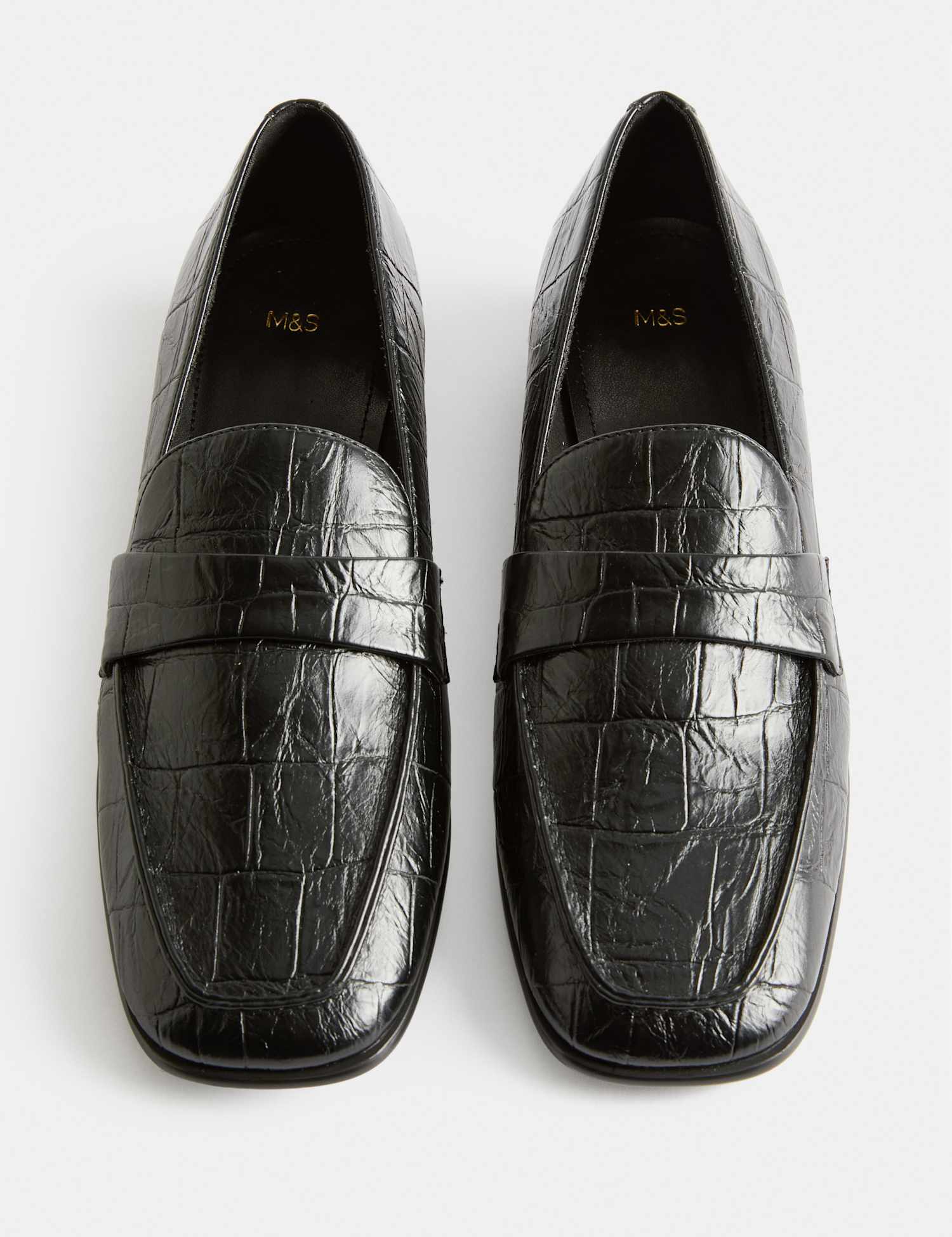 M&S Croc Slip On Block Heel Square Toe Loafers Black