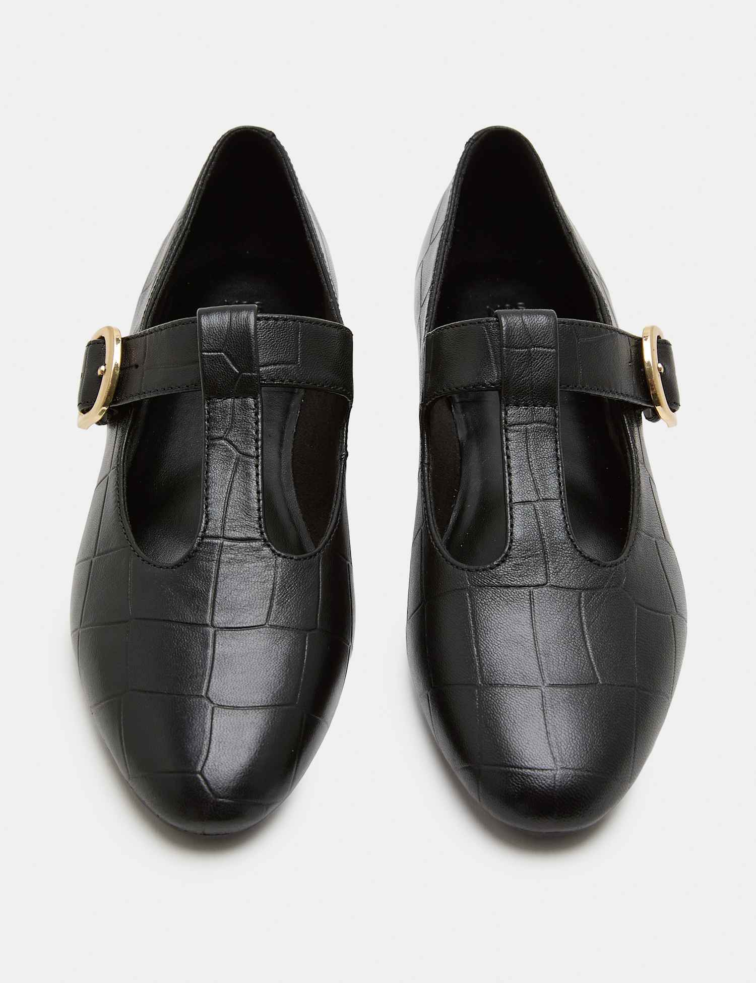 M&S Leather Croc T-Bar Flat Mary Jane Ballet Pumps Black
