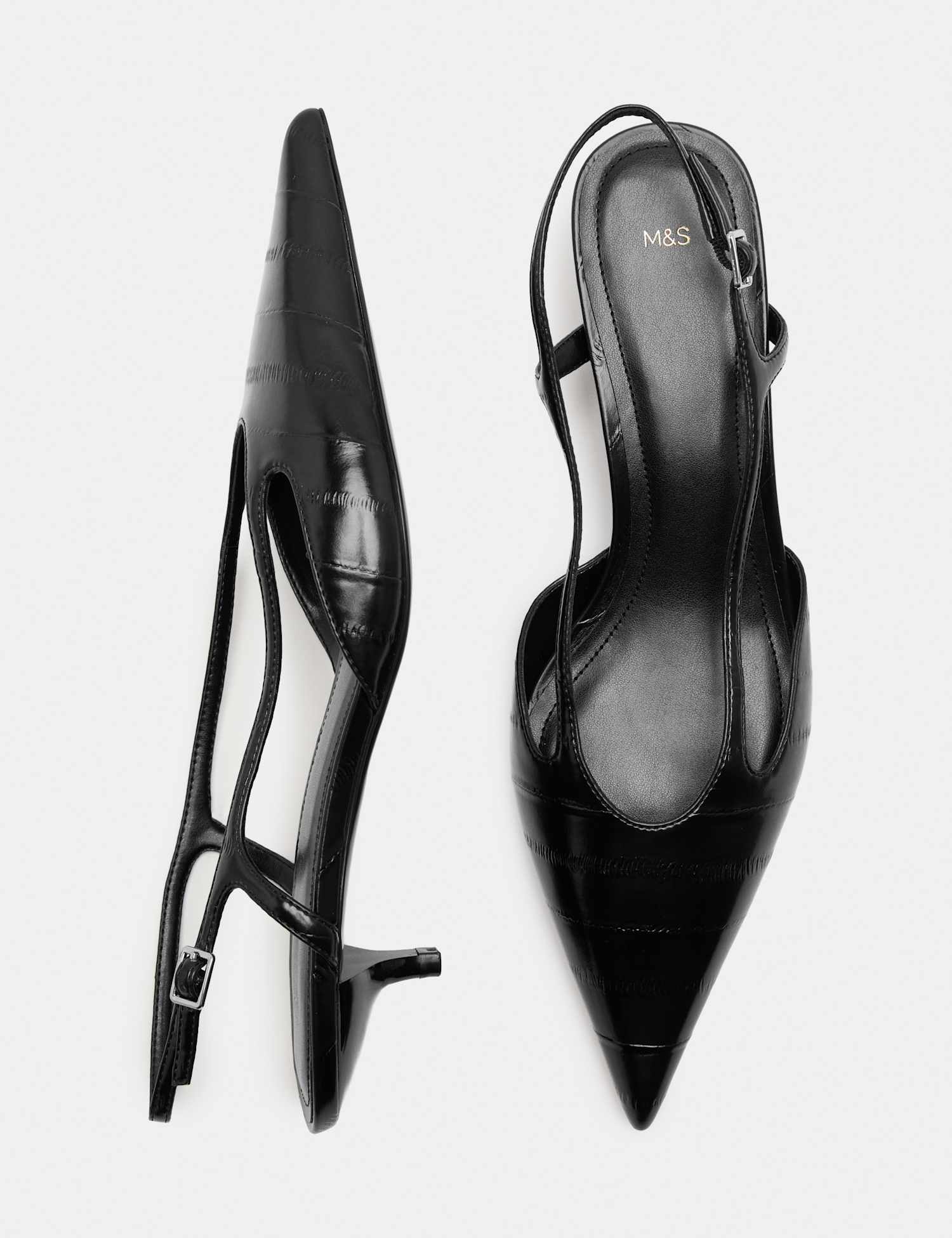 M&S Ankle Strap Kitten Heel Pointed Slingback Shoes Black