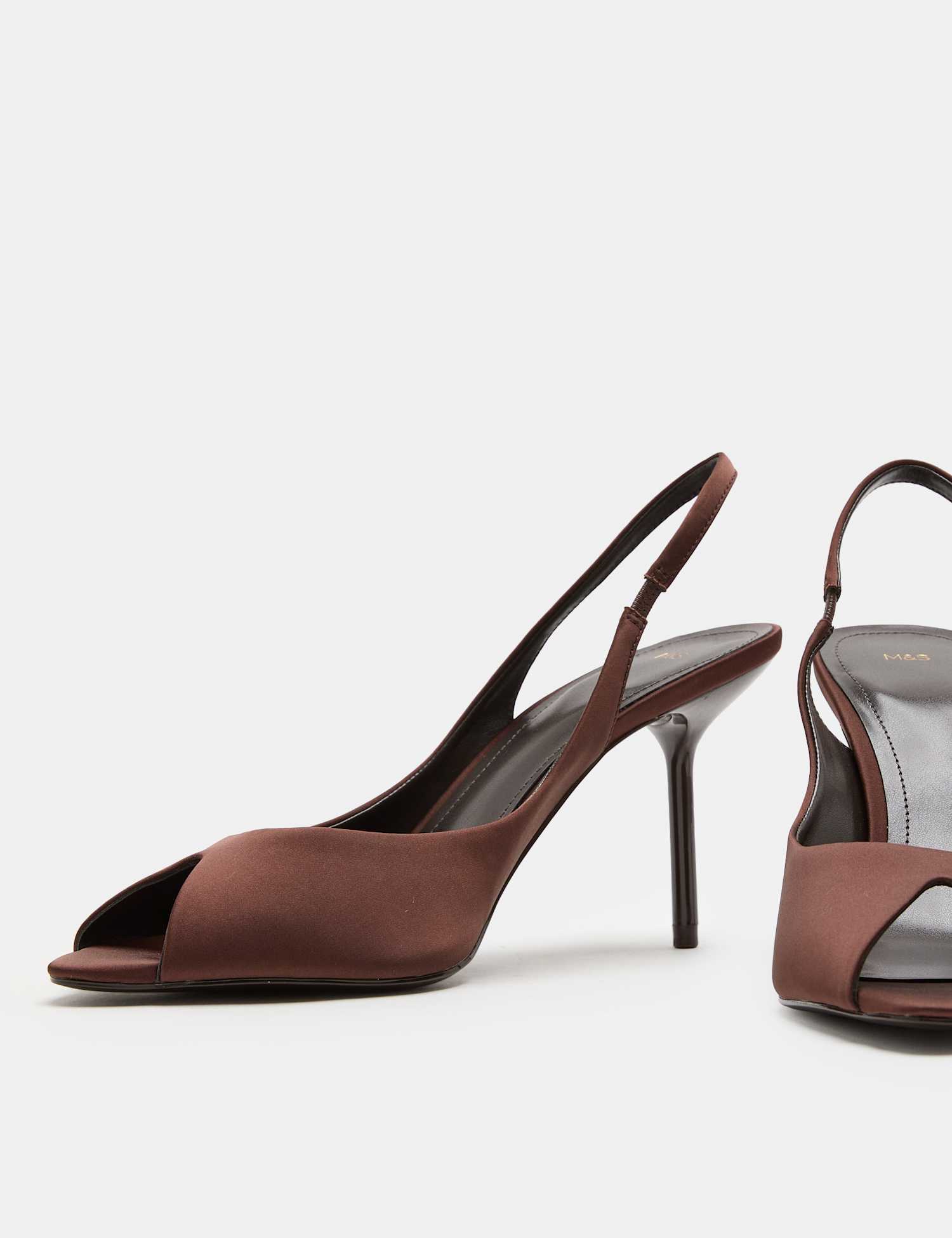 M&S Satin Stiletto Heel Peep Toe Slingback Shoes Brown