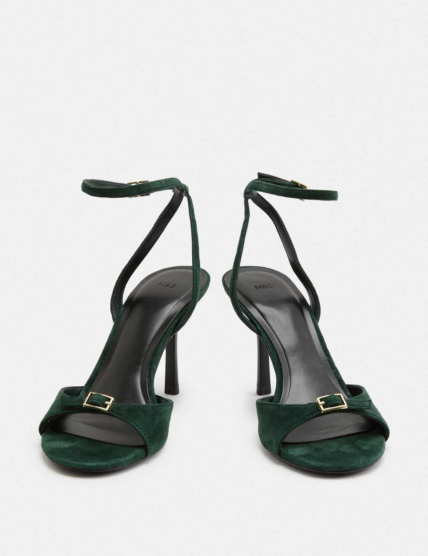 M&S Suede Buckle Open Toe Stiletto Heel Sandals Dark Green
