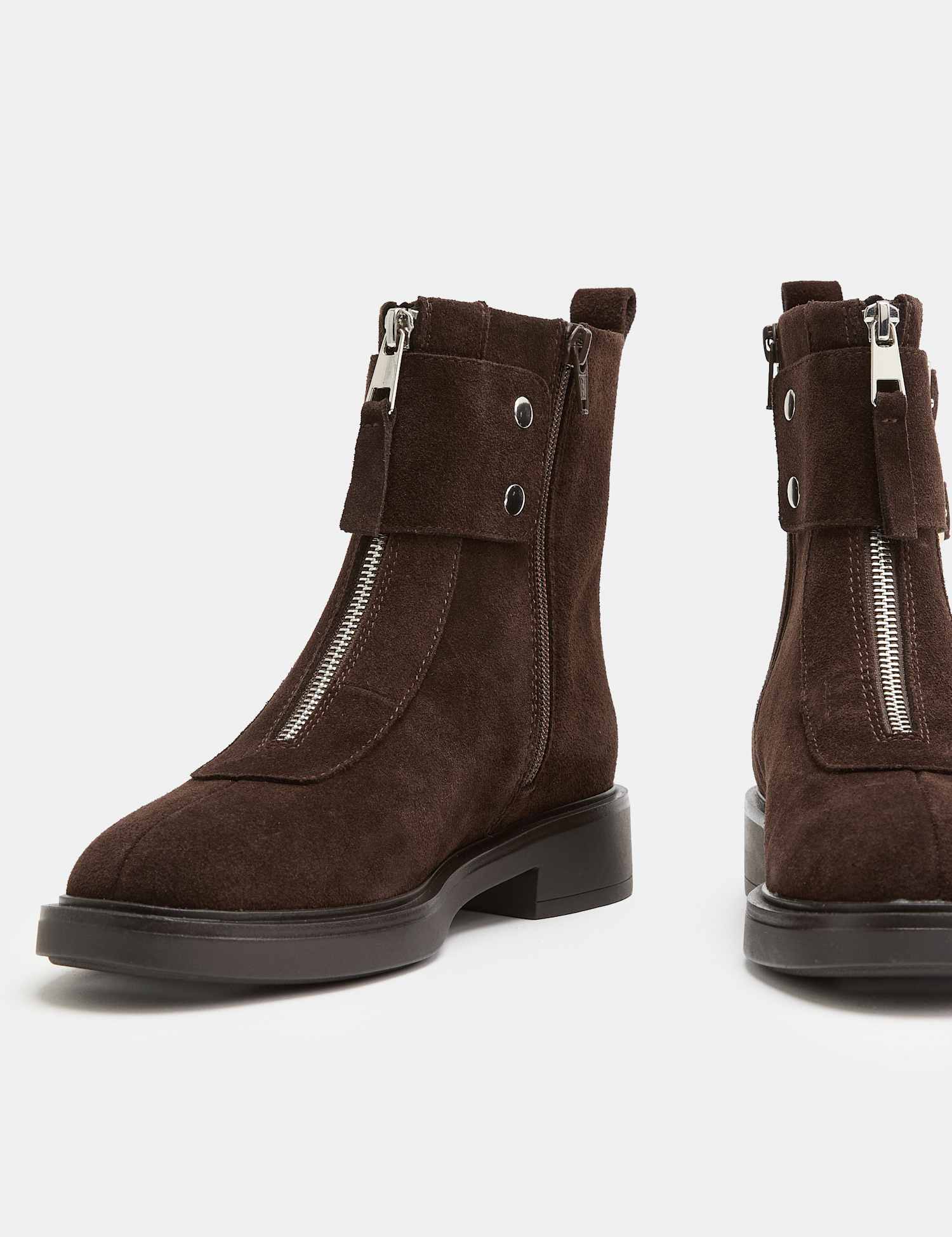 M&S Suede Buckle Block Heel Round Toe Ankle Boot Brown