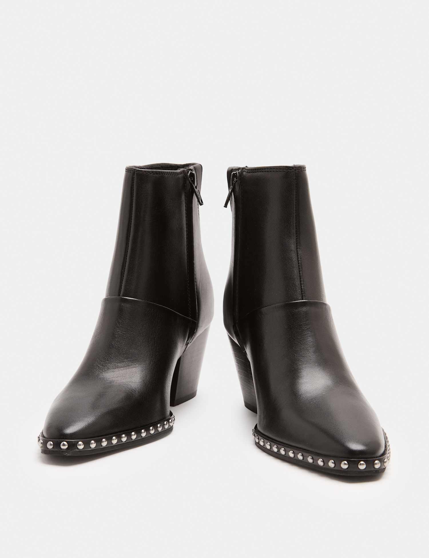 M&S Leather Studded Block Heel Pointed Toe Ankle Boots Black