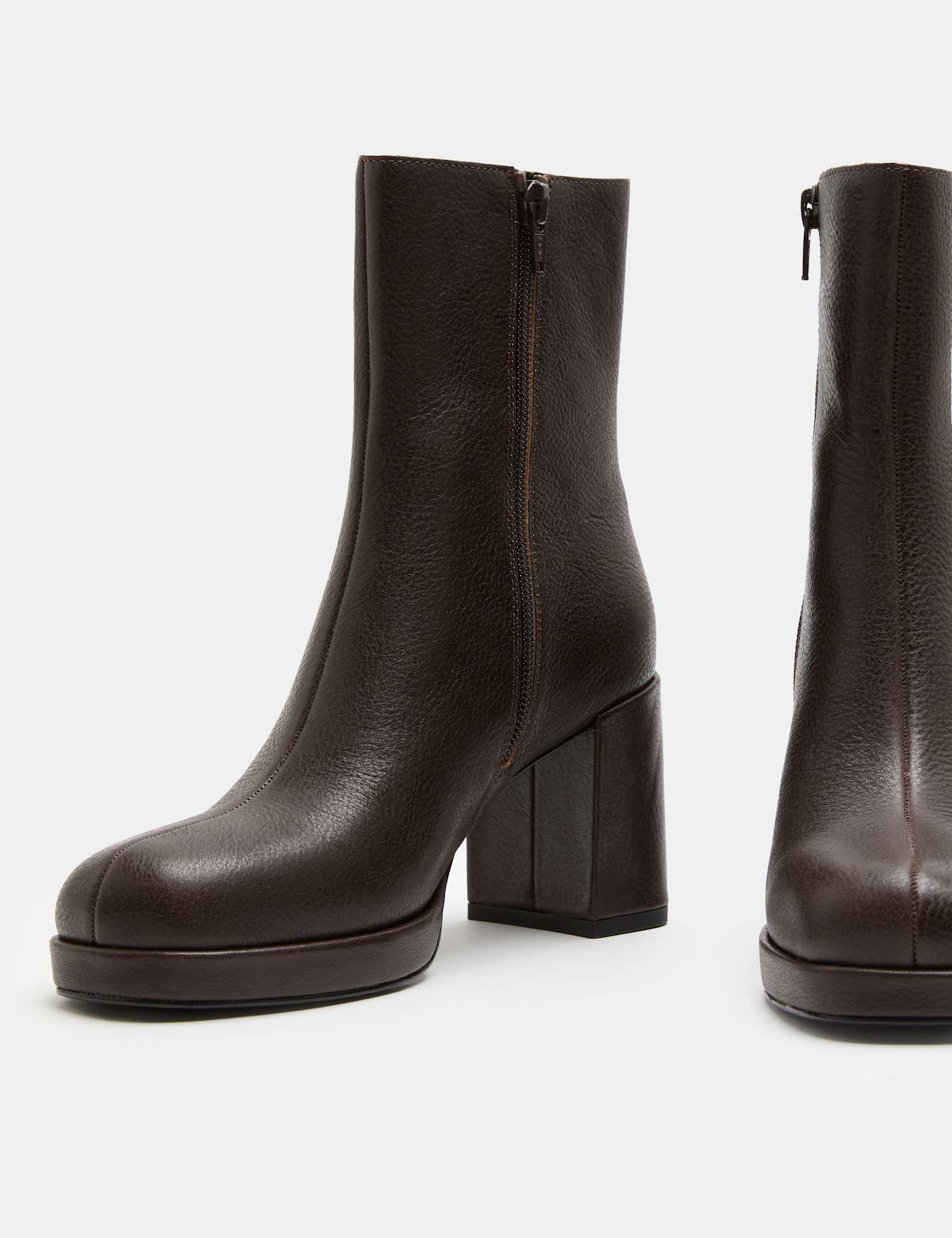 M&S Leather Platform Block Heel Round Toe Ankle Boot Brown