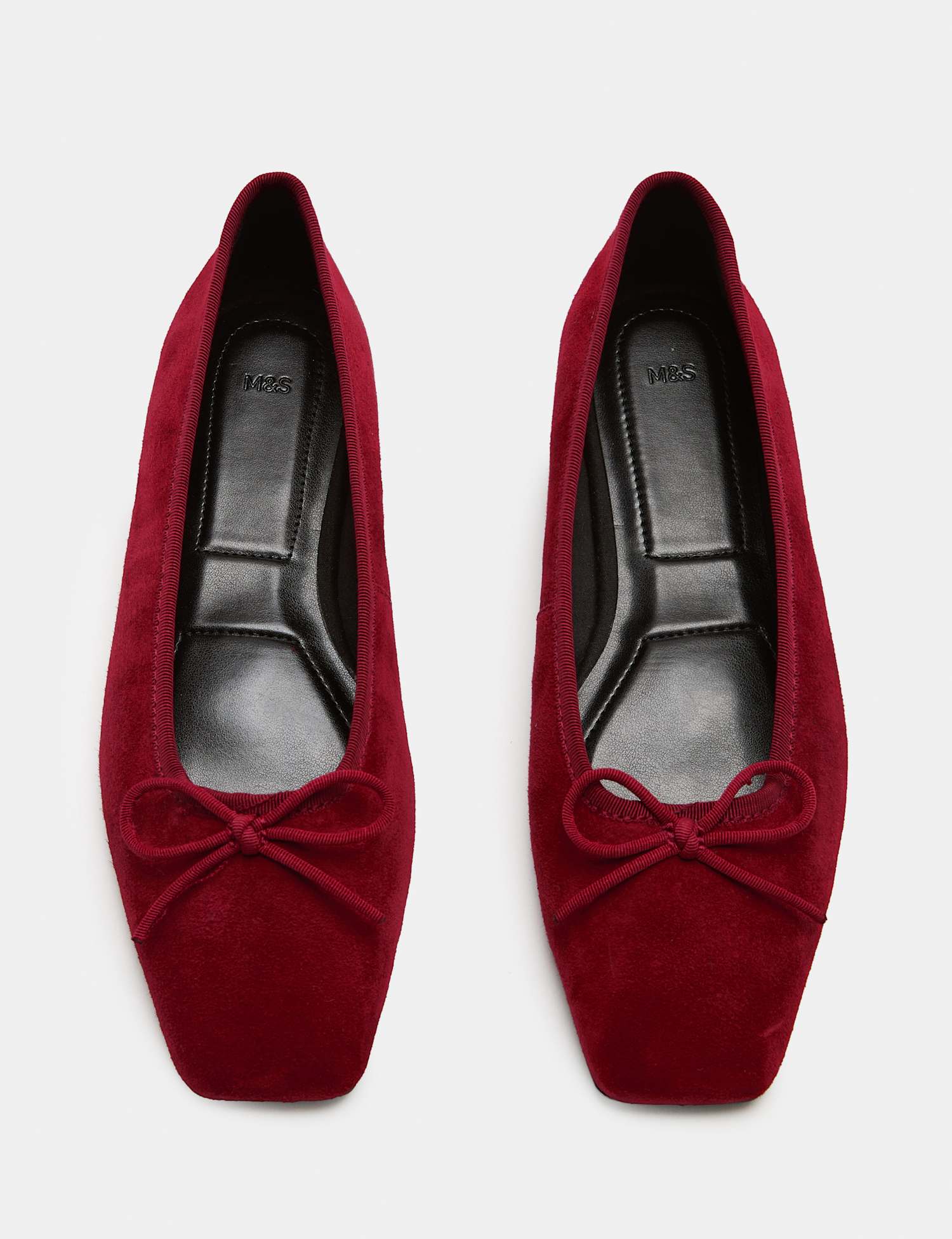 M&S Suede Bow Square Toe Ballet Pumps Dark Red