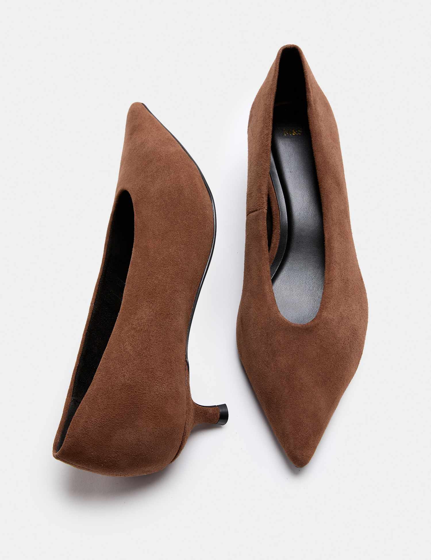 M&S Suede Kitten Heel Pointed Court Shoes Dark Tan