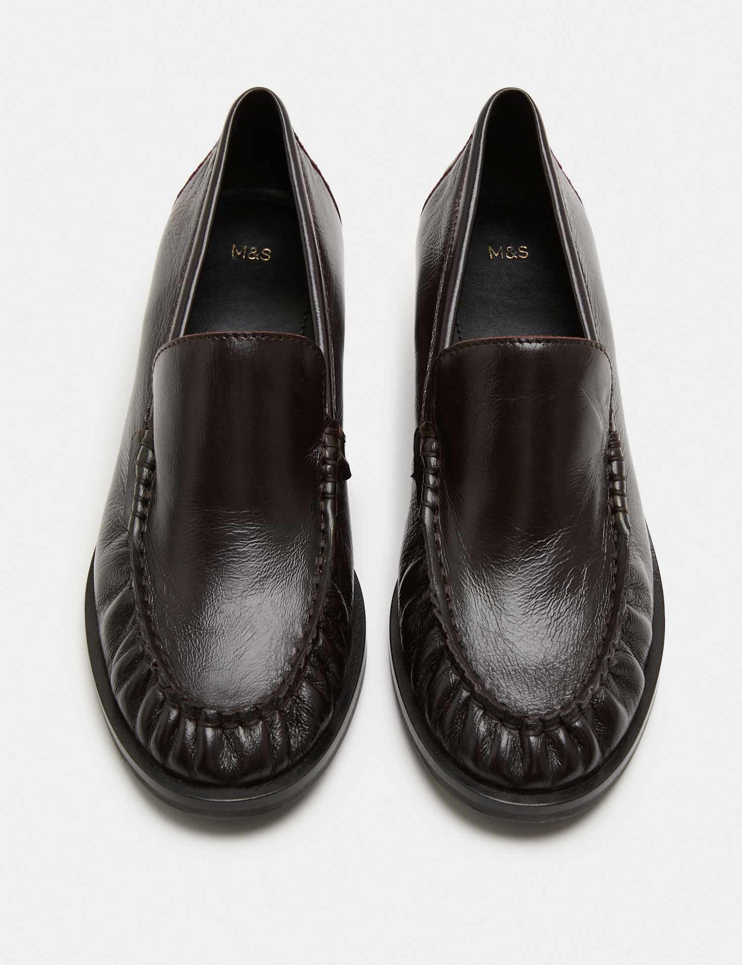 M&S Leather Ruched Block Heel Loafers Wine