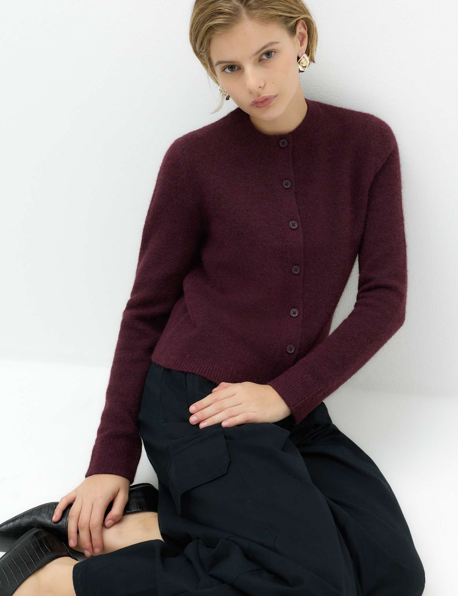 M&S Crew Neck Cardigan Dark Burgundy
