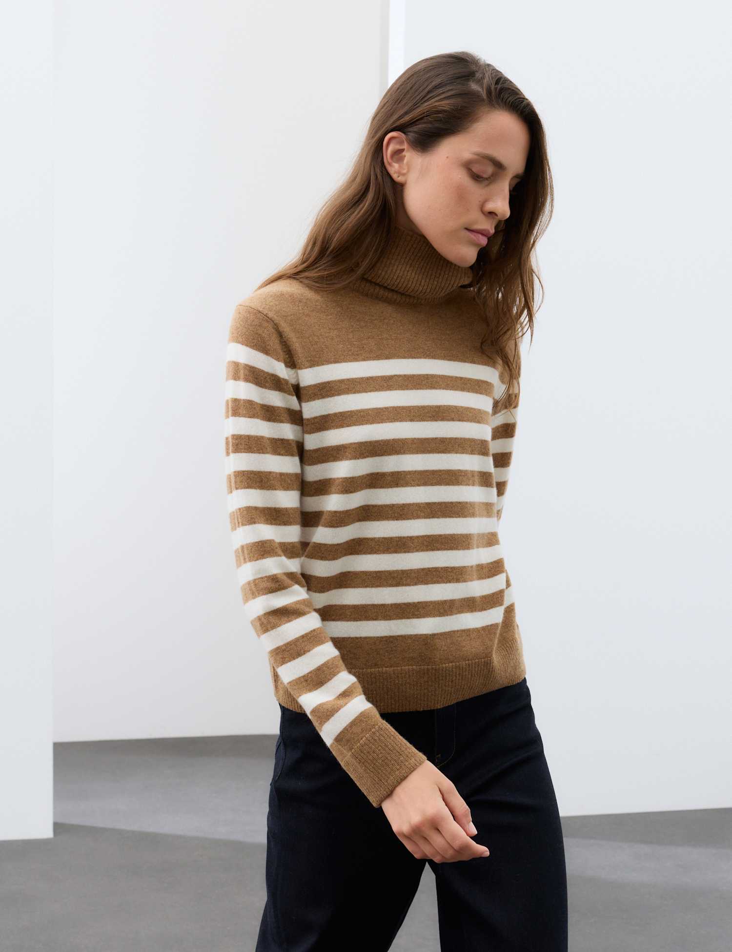 Autograph Pure Cashmere Striped Roll Neck Jumper Caramel Mix