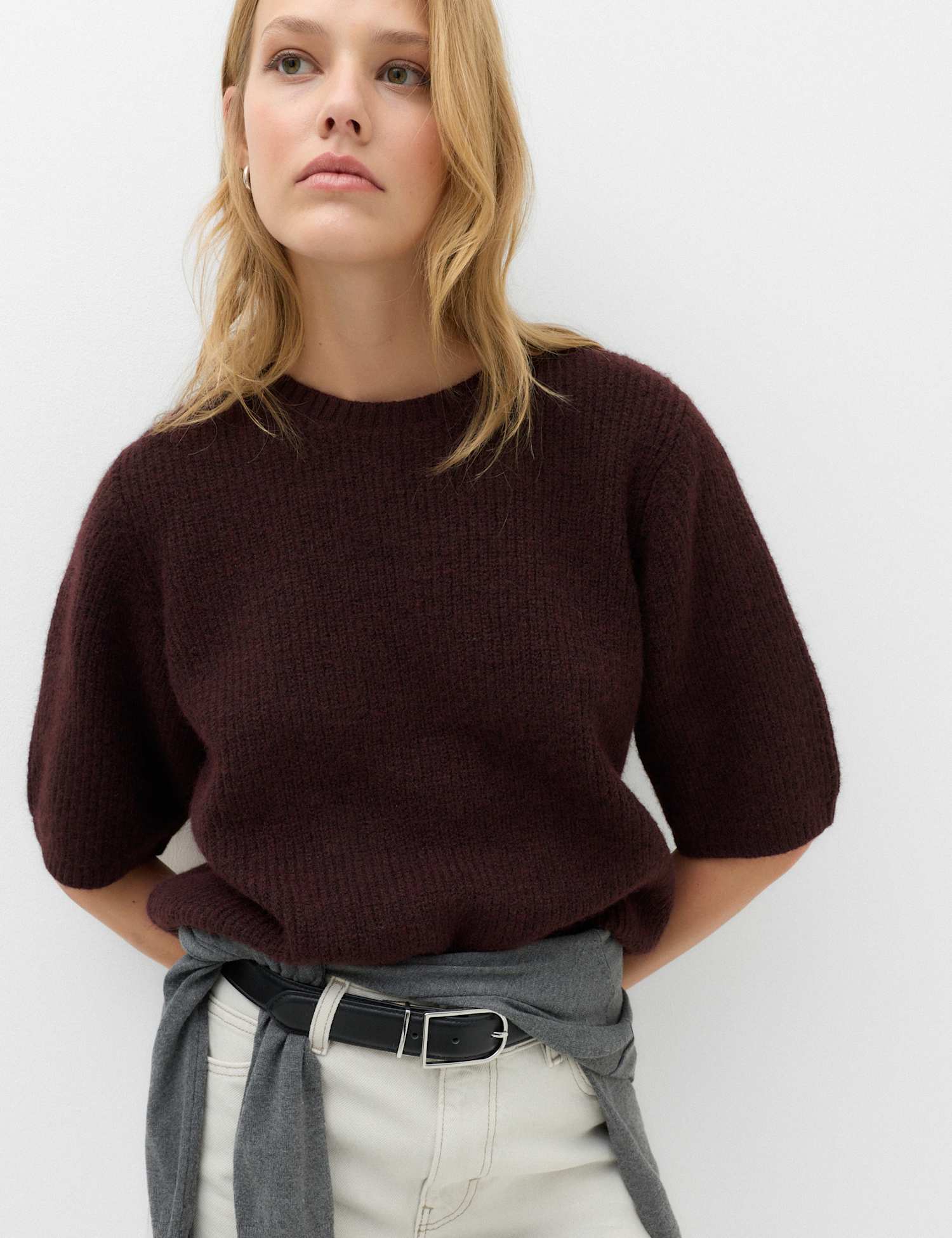 M&S Ribbed Crew Neck Relaxed Knitted Top Dark Chocolate