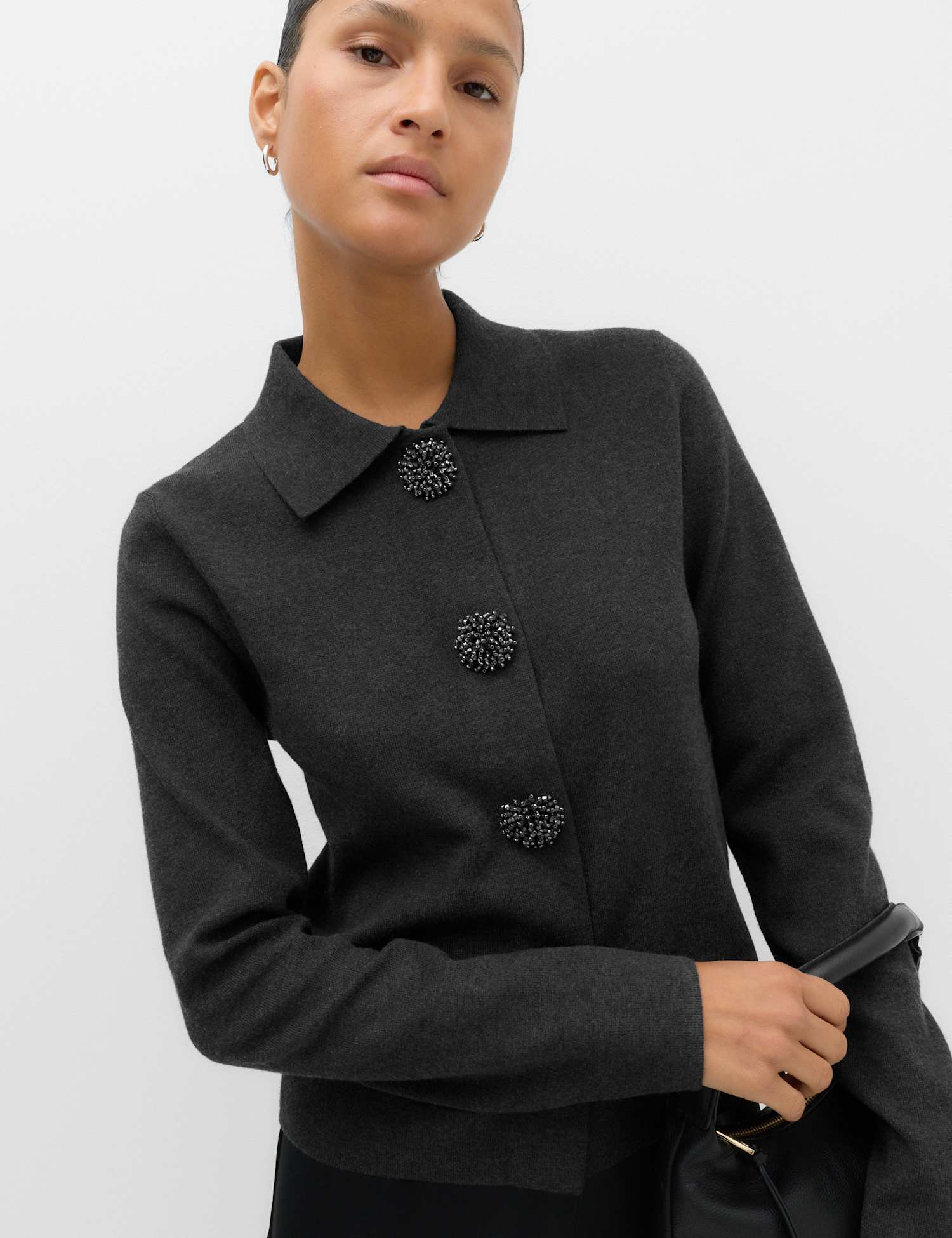 M&S Embellished Collared Cardigan Charcoal