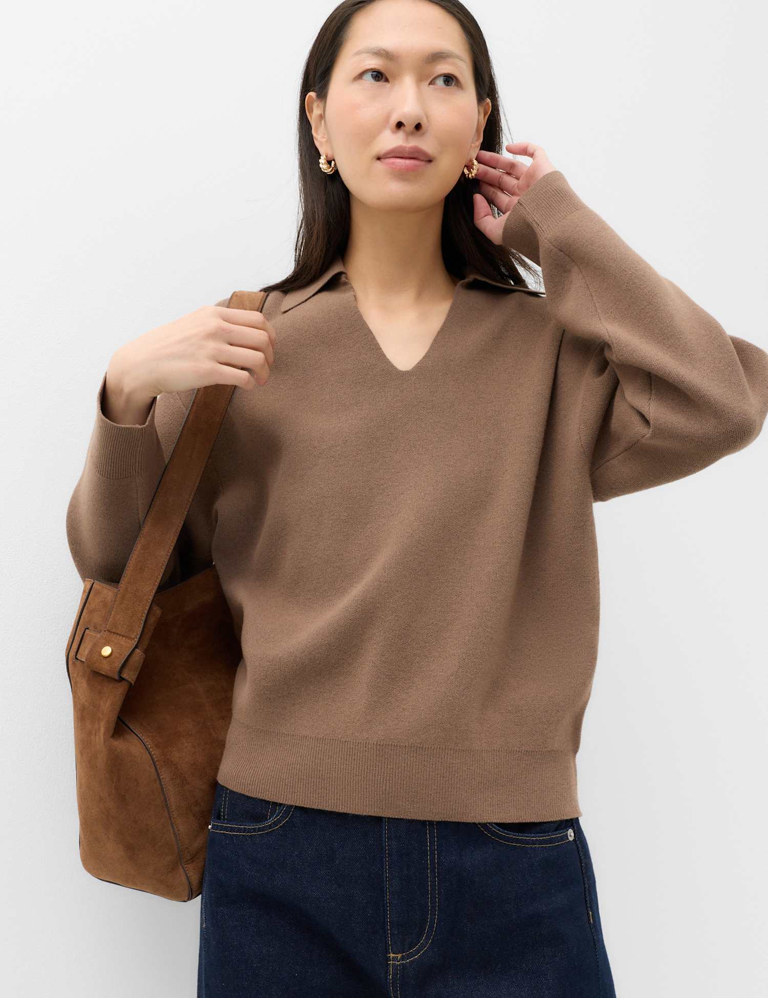 M&S Soft Touch Polo Neck Relaxed Jumper Golden Brown