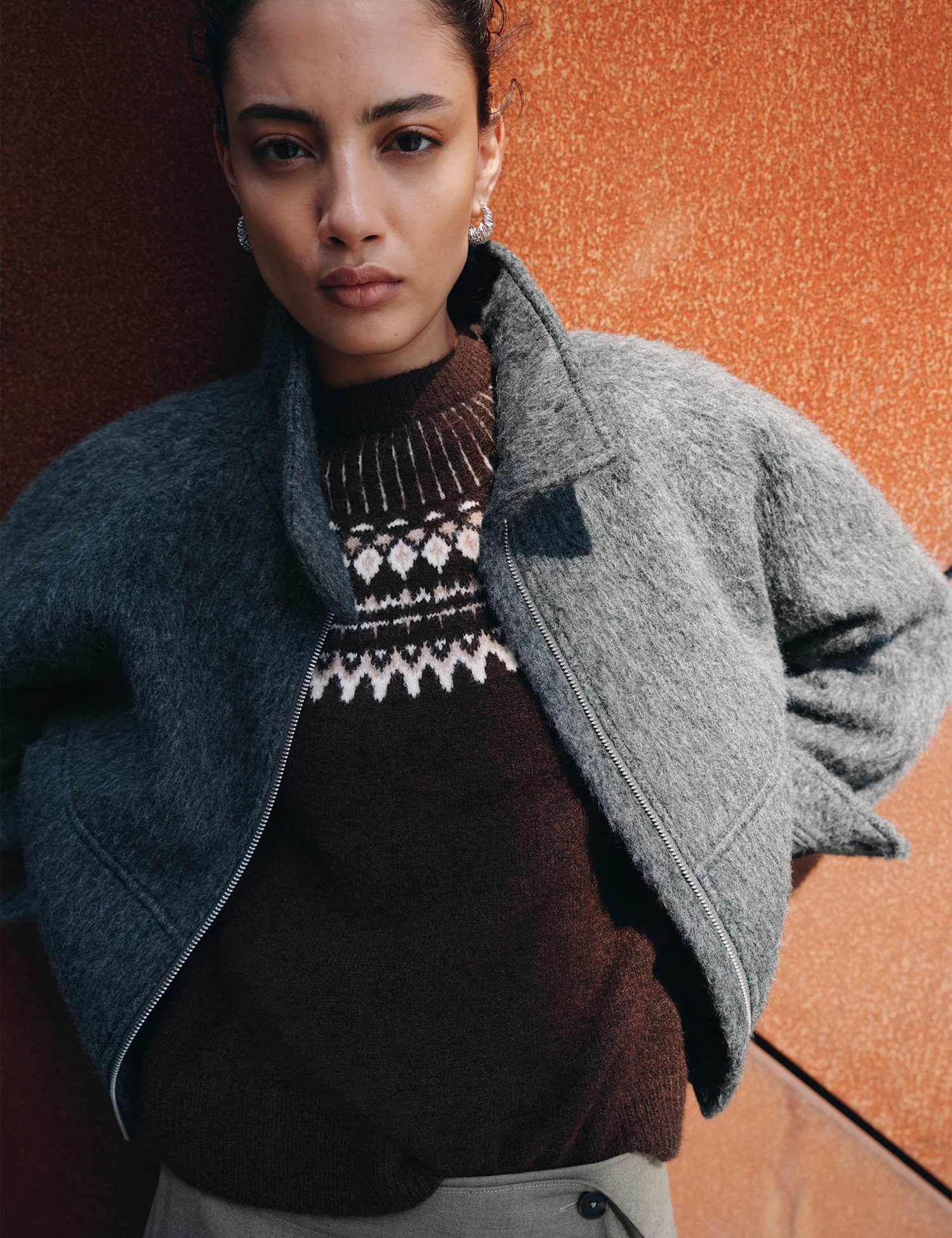 M&S Fairisle Crew Neck  Jumper Brown