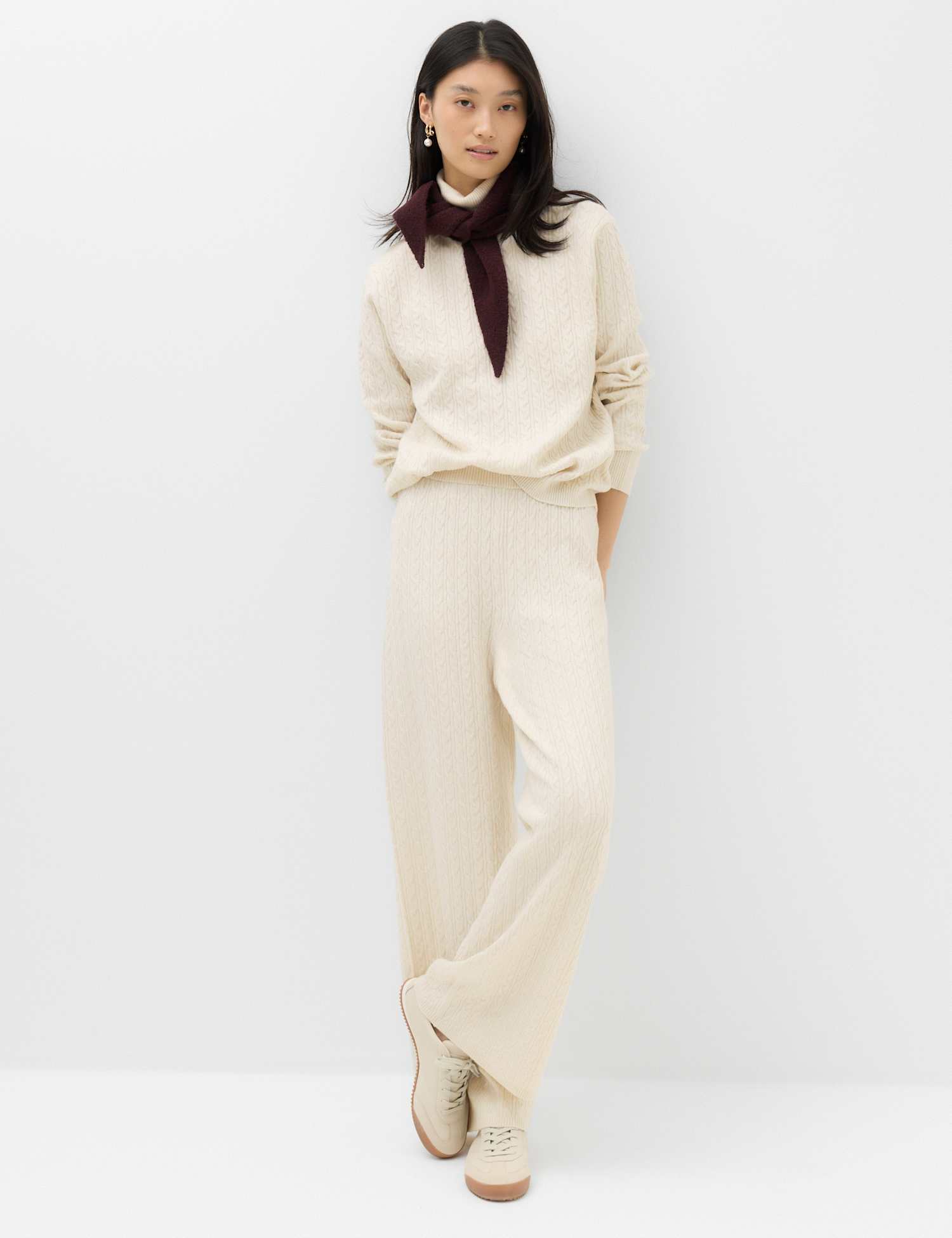 M&S Cable Knit High Waisted Wide Leg Knitted Trousers Light Natural