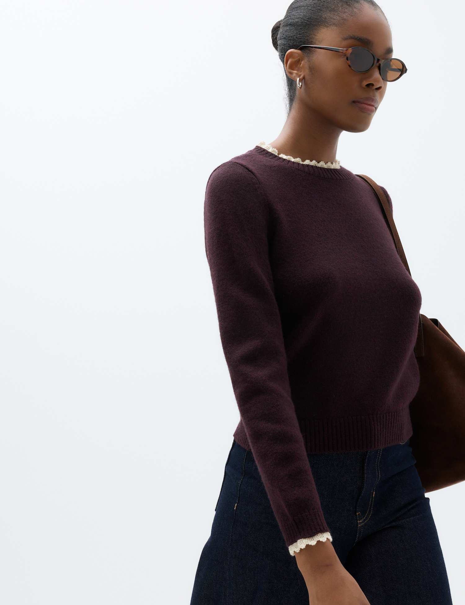 M&S Lace Detail Crew Neck Jumper Dark Aubergine