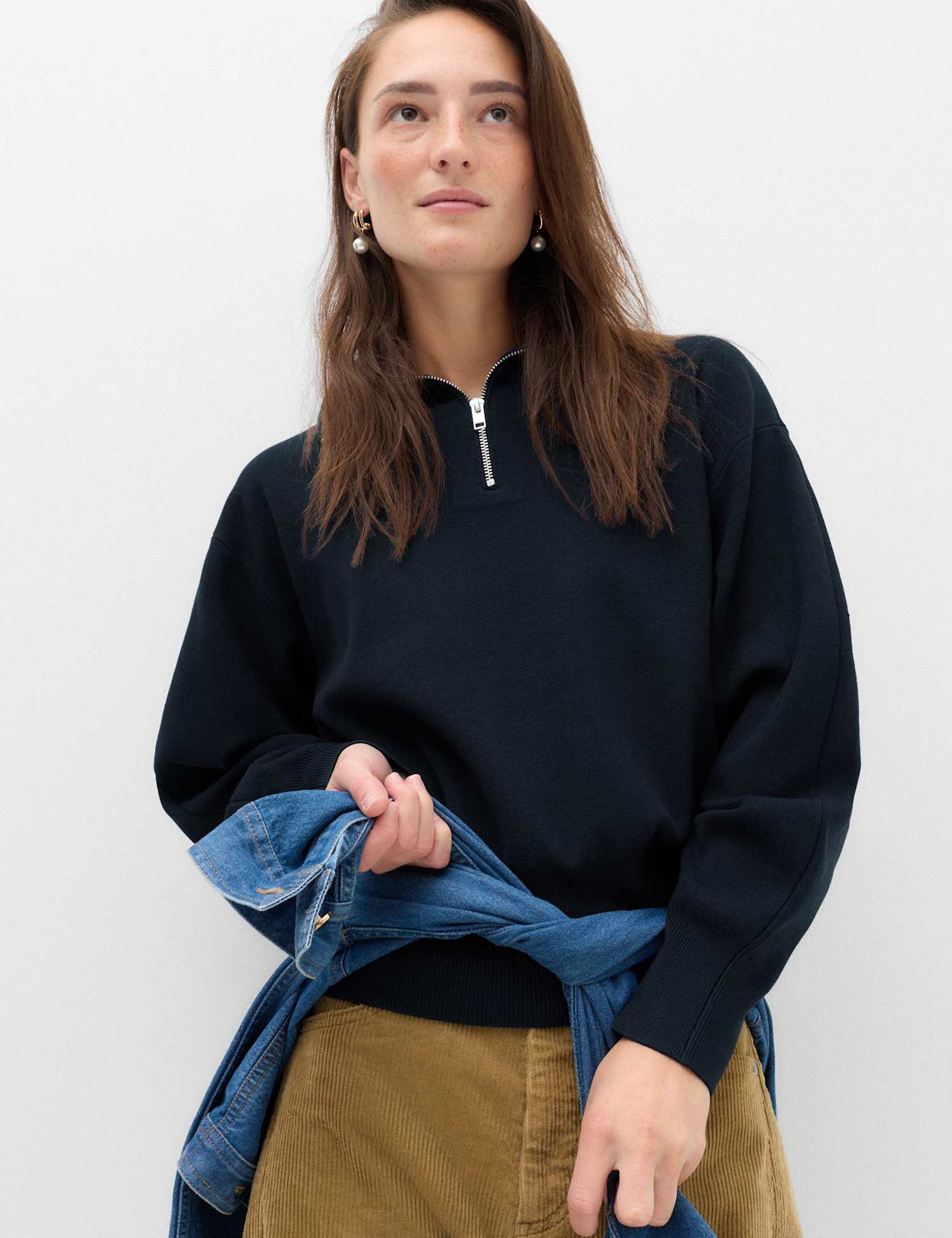 M&S Rayon Rich Collared Zip Up Relaxed Jumper Midnight Navy