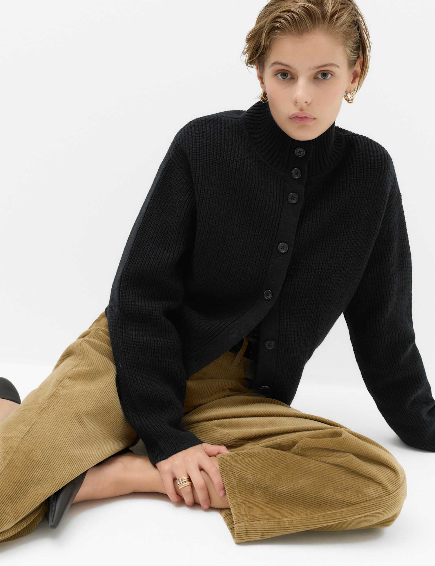 M&S Lambswool Blend Funnel Neck Relaxed Knitted Jacket Black