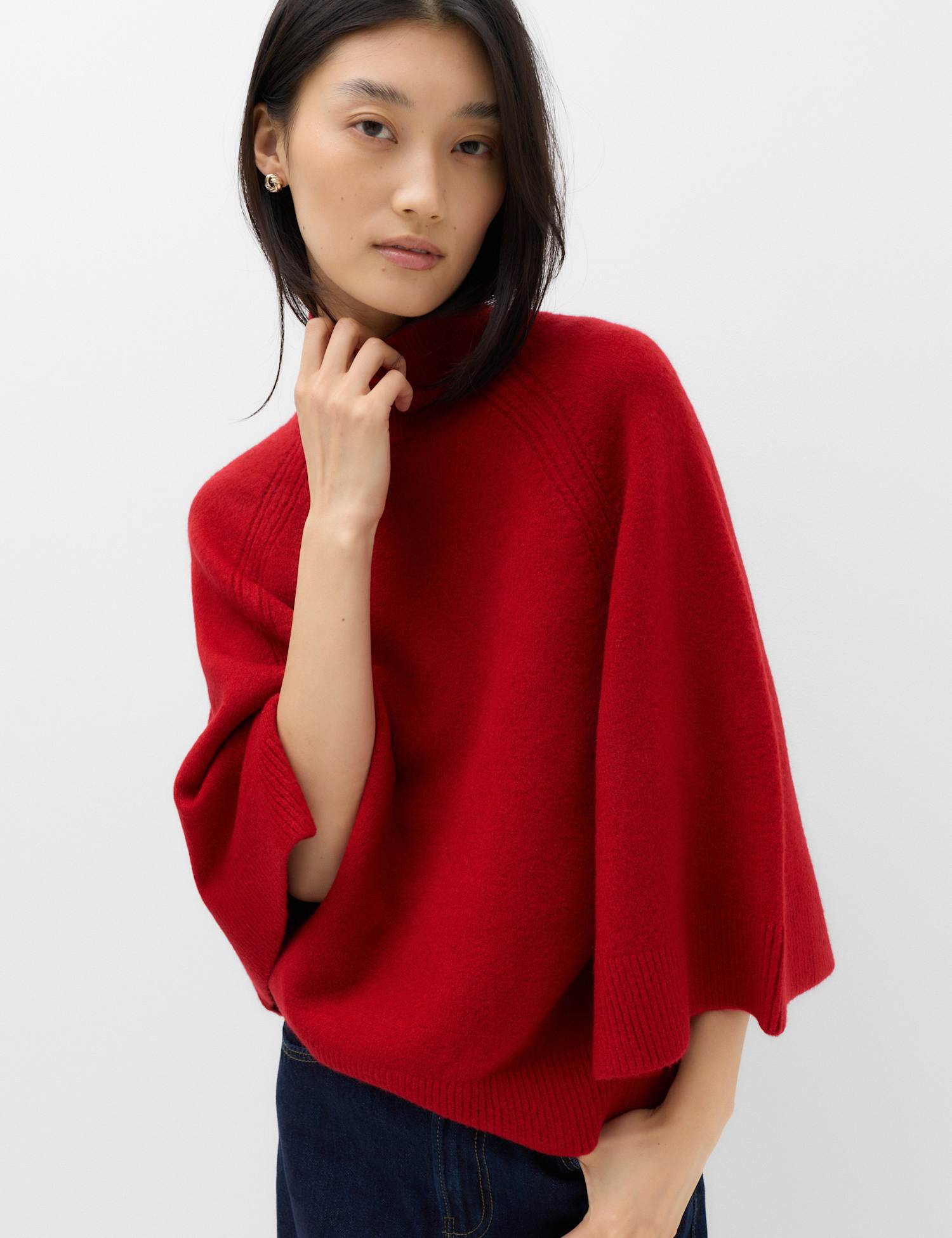 M&S Wide Sleeve Funnel Neck Knitted Jumper Ruby Red