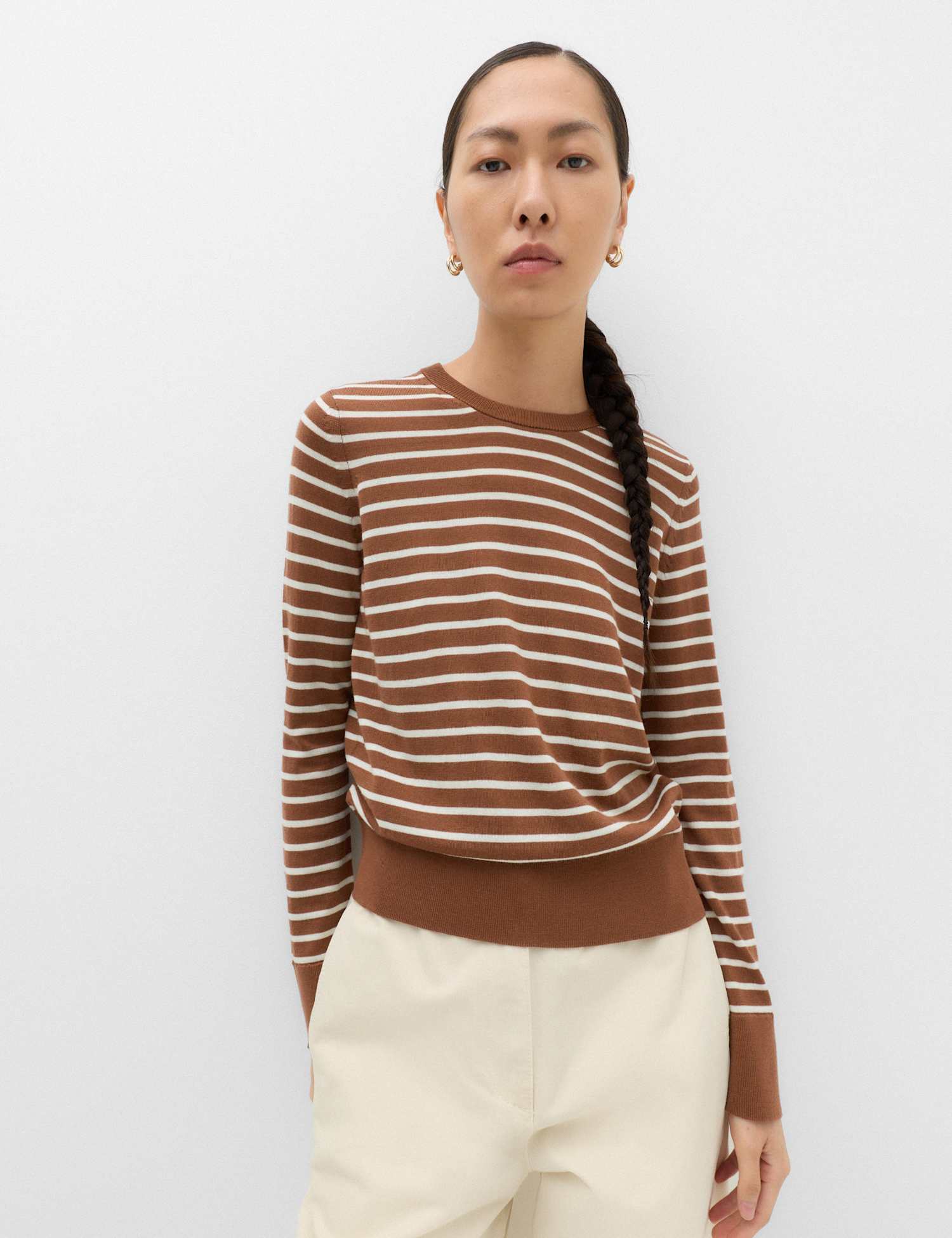 M&S Pure Merino Wool Striped Crew Neck Jumper Neutral