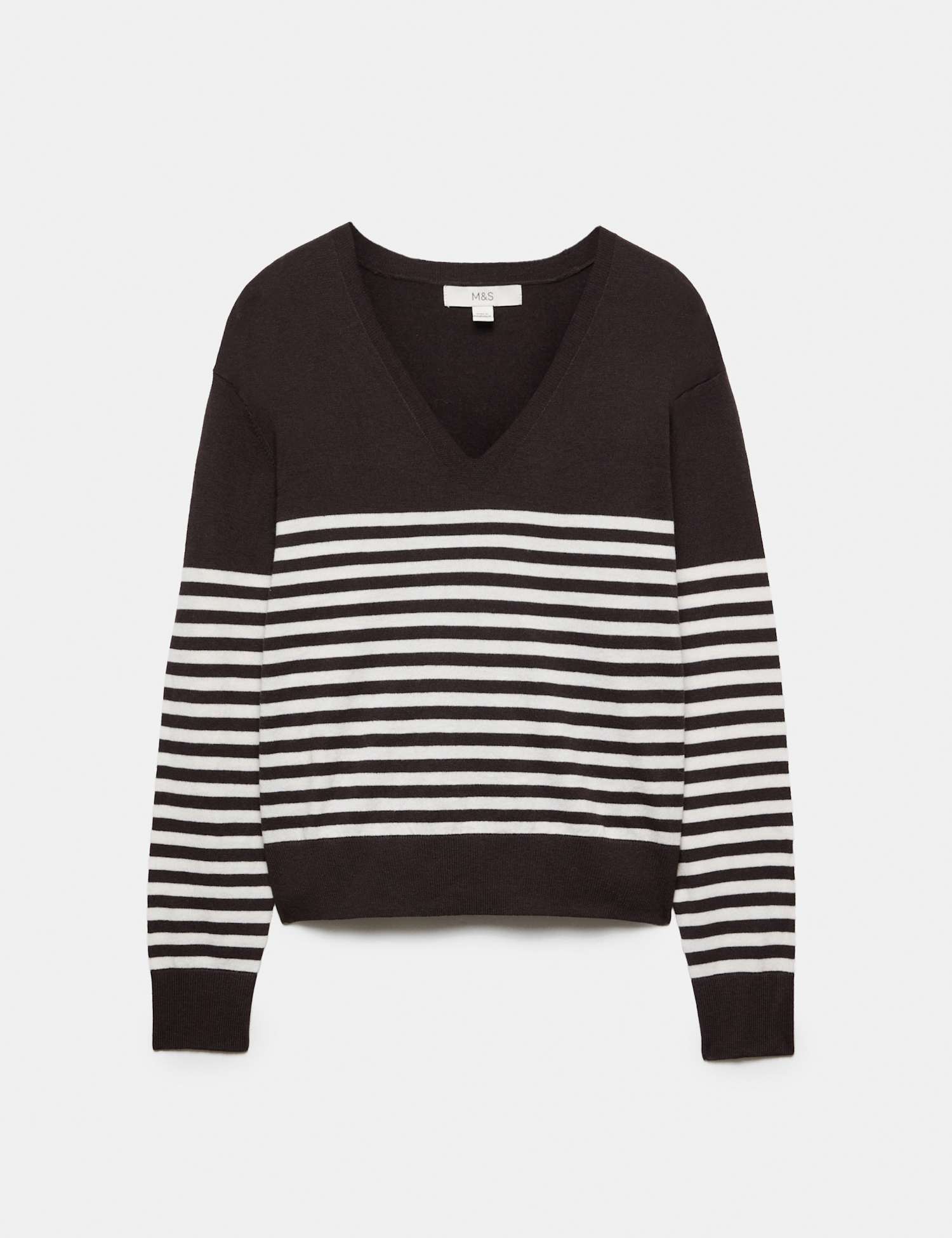 M&S Striped V Neck Relaxed Jumper Bitter Chocolate