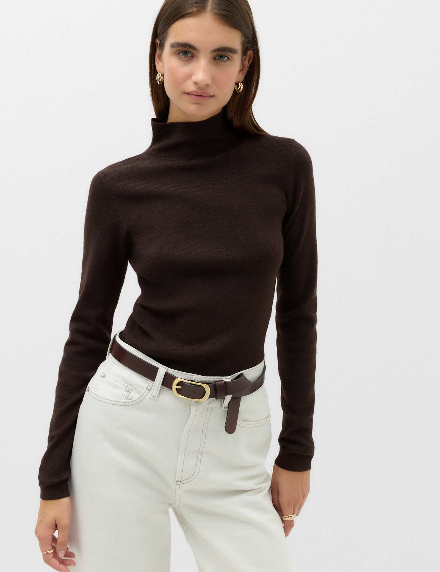 M&S Funnel Neck Fitted Knitted Top Bitter Chocolate