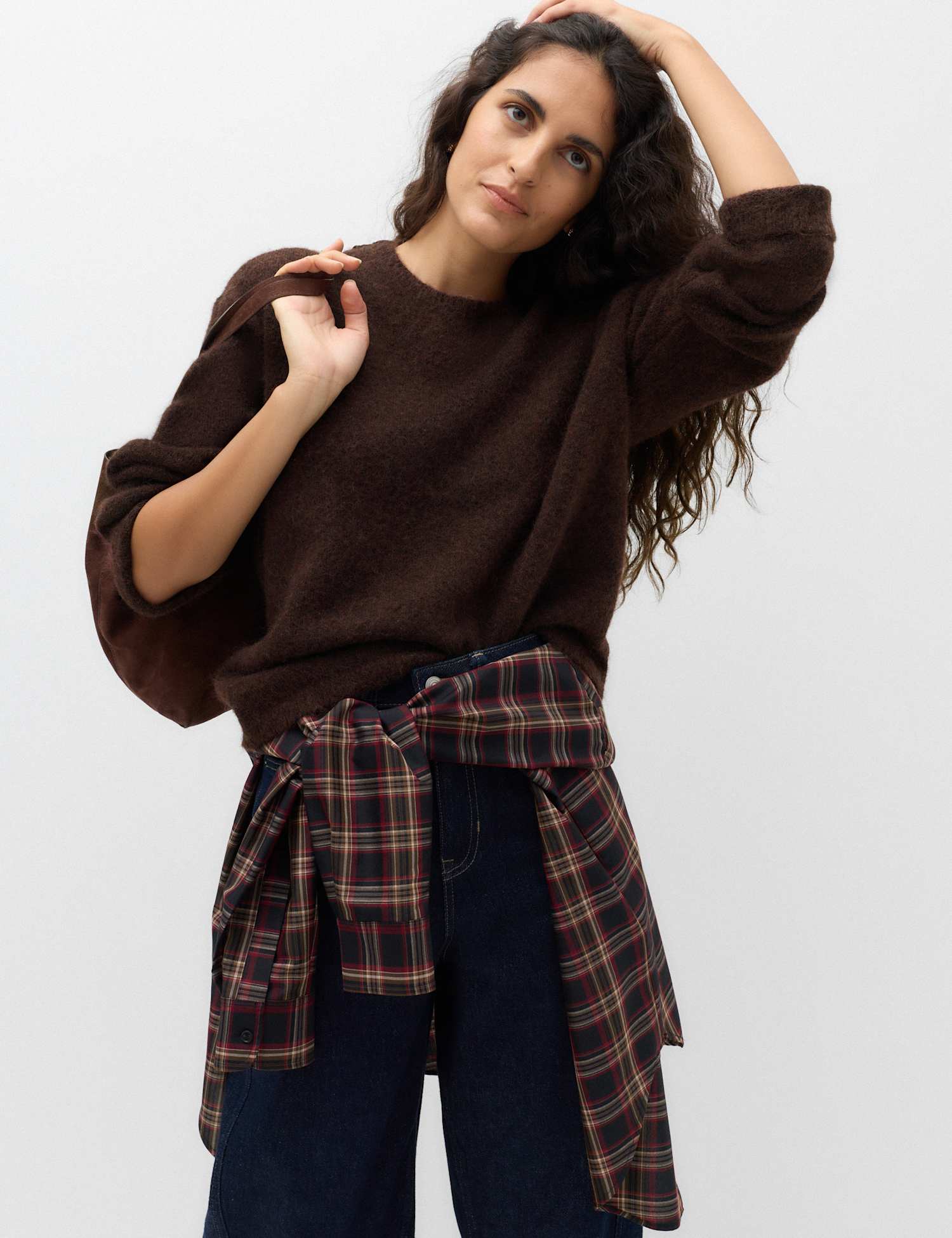 M&S Lace Detail Crew Neck Relaxed Fit Jumper Dark Chocolate