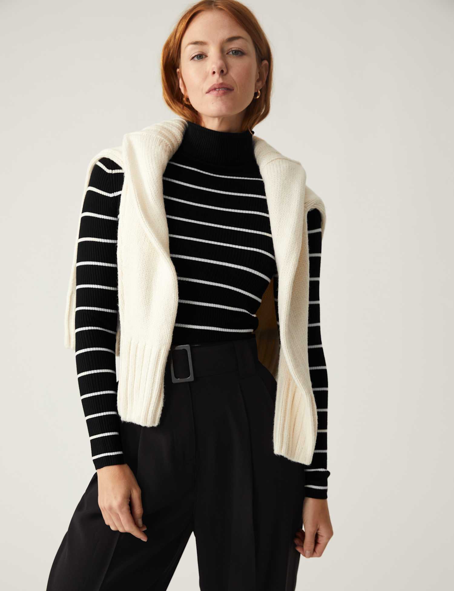 M&S Striped Ribbed Roll Neck Jumper Black Mix