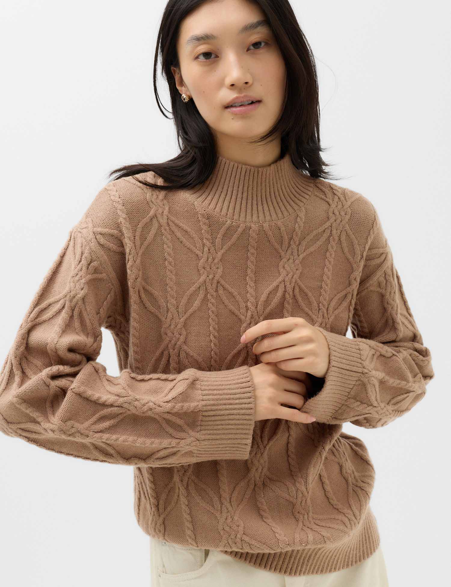 M&S Cloud-Yarn Cable Knit Funnel Neck Jumper Golden Brown