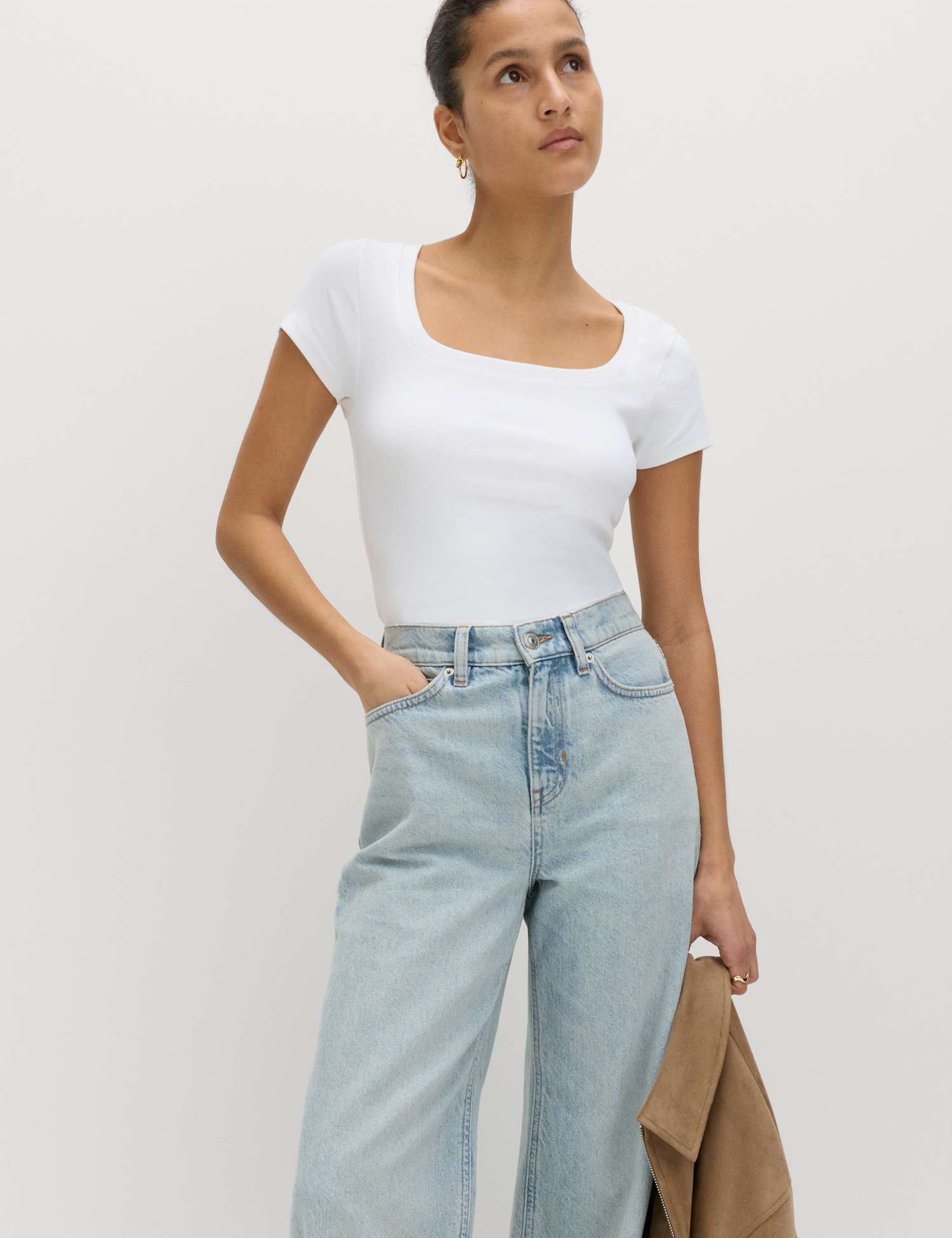 M&S Cotton Rich Premium Square Neck Top Soft White